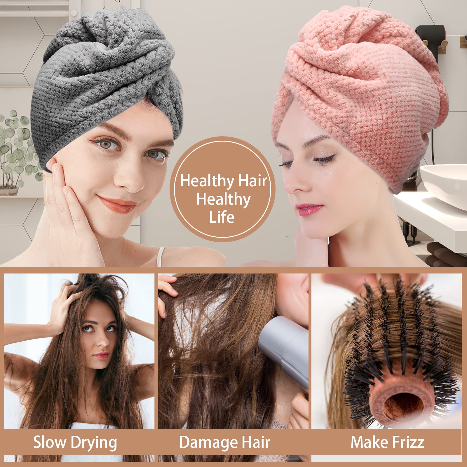 CZZXI 3 PCS Microfiber Hair Towel, Hair Wraps for Women Wet Hair, Fast Drying Hair Turban, Anti Frizz Head Towels Wrap for Curly Hair (Grey, Pink, Blue) 🍁 All In One Marketplace Canada