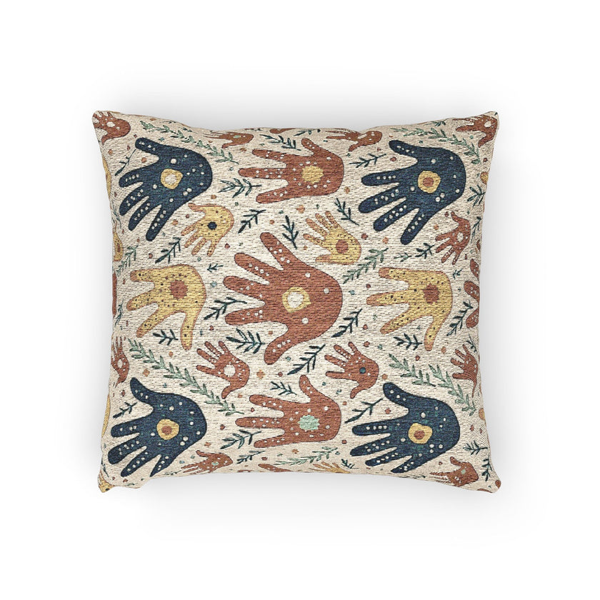 Woven Pillow — Boho Handprint Pattern Decorative Throw Pillow (Earth Tones)
