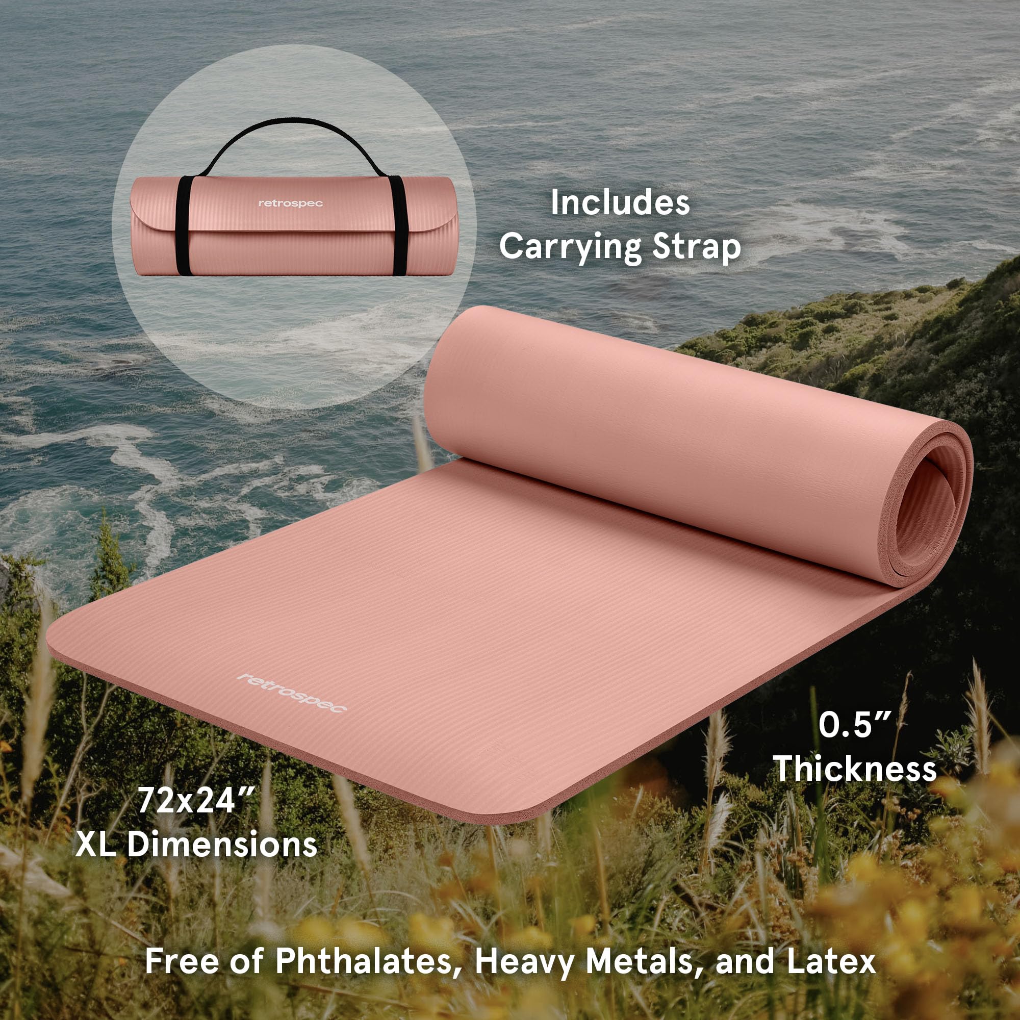 Retrospec Solana Yoga Mat 1/2 inches Thick w/Nylon Strap for Men & Women - Non Slip Excercise Mat for Yoga, Pilates, Stretching, Floor & Fitness Workouts, Rose 🍁 All In One Marketplace Canada