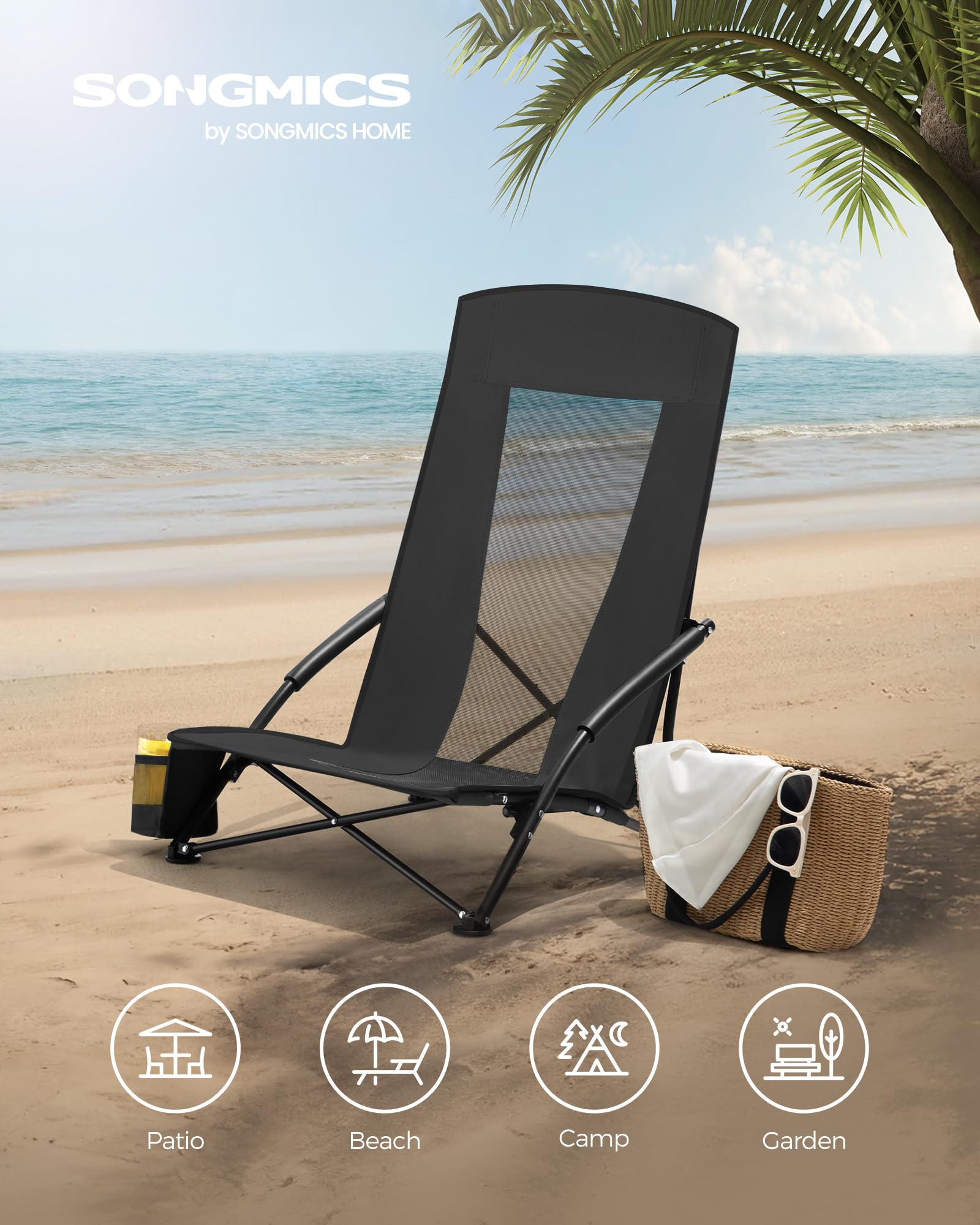 SONGMICS Set of 2 Portable Beach Chairs for Adults, Max. Load 330 lb Each, High Backrest, Cup Holder, Lightweight, Heavy-Duty, Black UGCB067B01V1 🍁 All In One Marketplace Canada