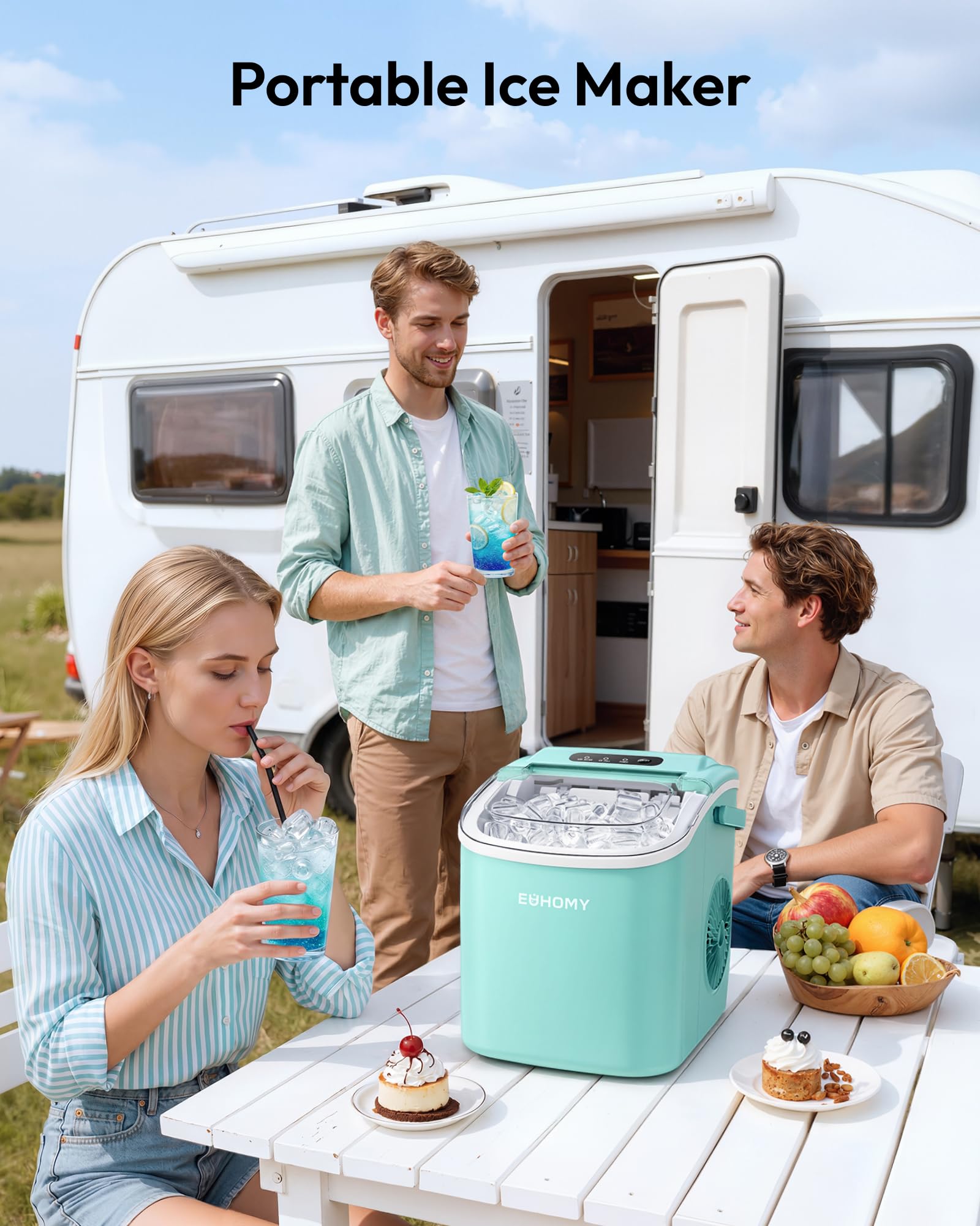 EUHOMY Countertop Ice Maker Machine with Handle, 26lbs Per Day, 9 Ice Cubes Ready in 6 Mins, Auto-Cleaning Portable Ice Maker with Basket and Scoop, for Home/Kitchen/Camping/RV (Green) 🍁 All In One Marketplace Canada