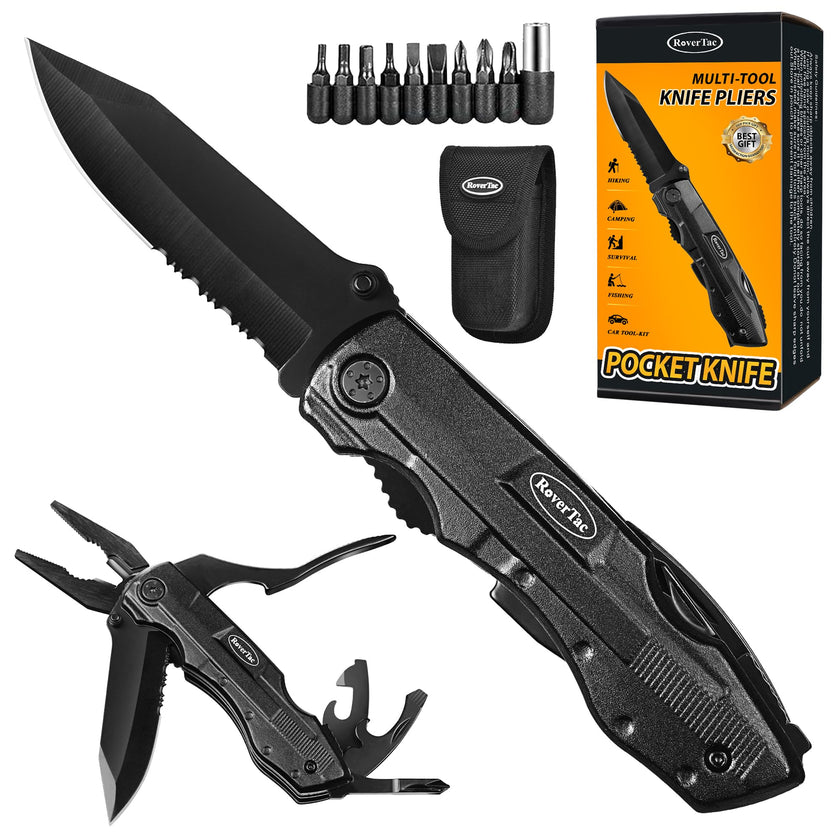RoverTac Pocket Knife, 15-in-1 Multitool with Pliers, Bottle & Can Opener, 9 Screwdriver Bits, Locking Mechanism & Nylon Sheath - EDC Multi Tool for Camping, Hiking & DIY, Gift for Men & Dad 🍁 All In One Marketplace Canada