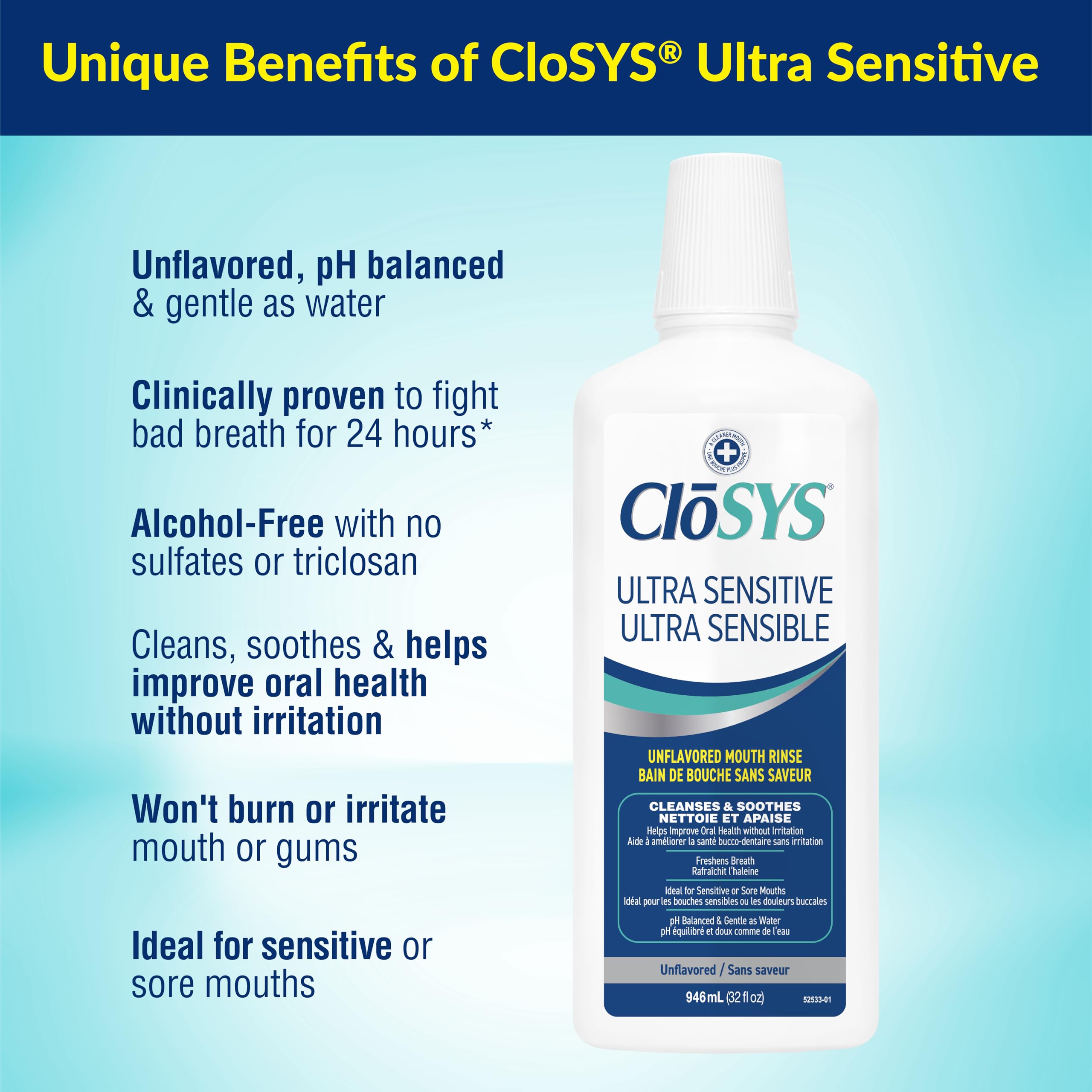 CloSYS Ultra-Sensitive Oral Rinse - Unflavored Mouthwash, Alcohol-Free, pH Balanced - Soothes Sensitivity, Eliminates Bad Breath - 32 oz 🍁 All In One Marketplace Canada
