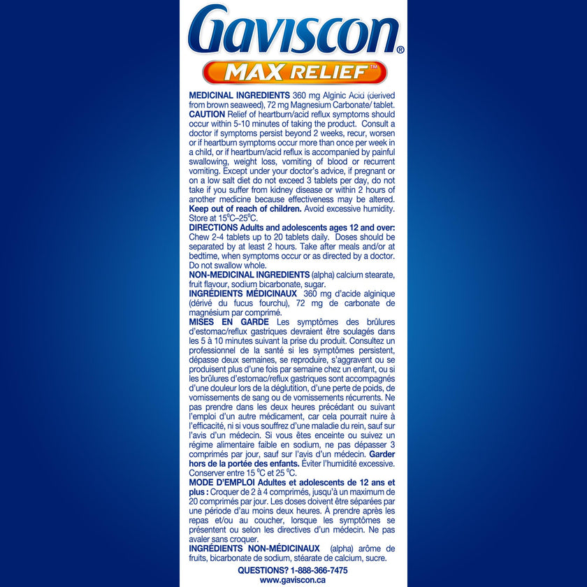 Gaviscon Max Relief Tablets - 50 Count - Chewable Foaming Antacid Tablets for Day and Night Heartburn Relief, Acid Reflux and GERD Relief, Berry Blend - Free of Aluminum, Lactose and Gluten 🍁 All In One Marketplace Canada