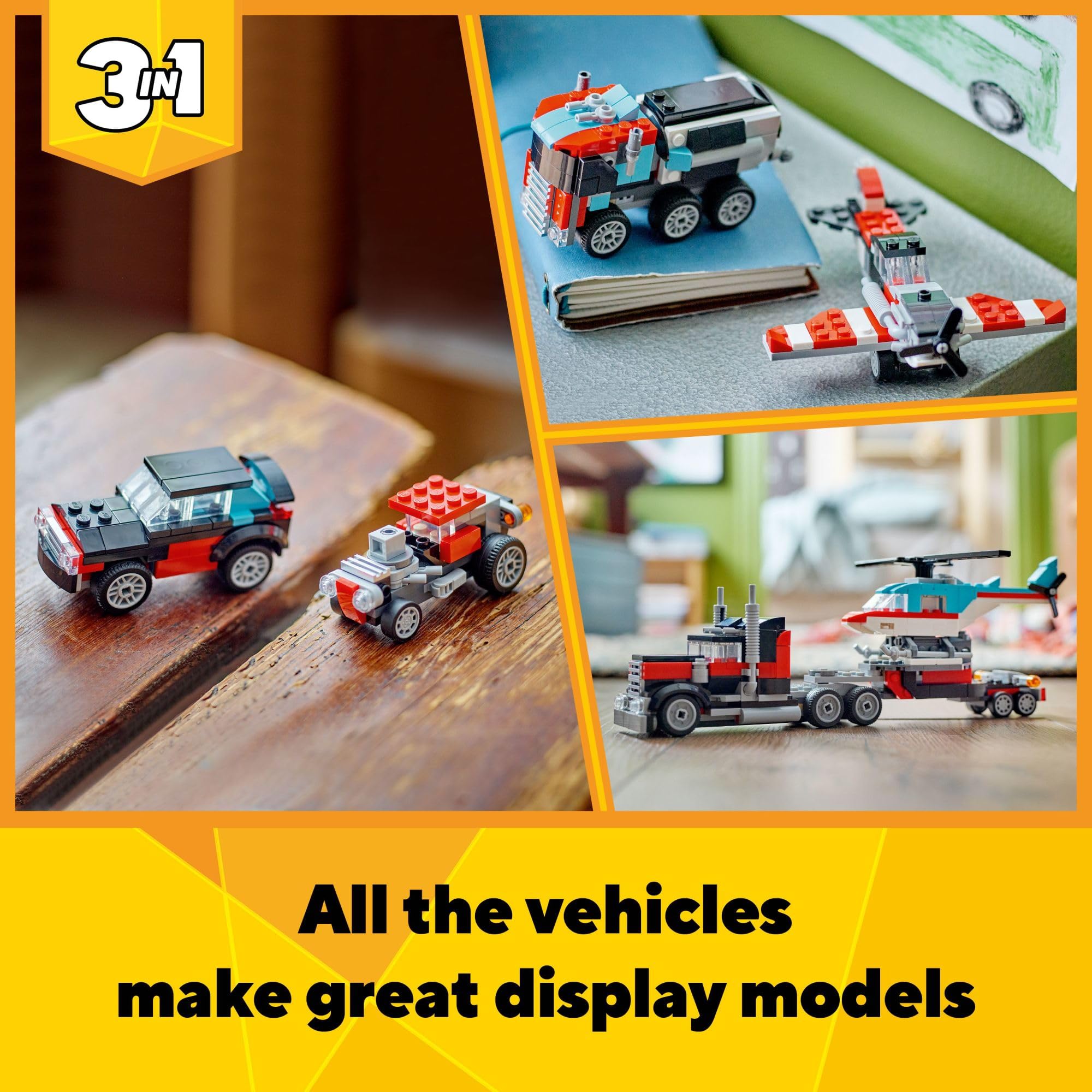 LEGO Creator 3 in 1 Flatbed Truck with Helicopter Toy, Transforms from Flatbed Truck Toy to Propeller Plane to Hot Rod and SUV Car Toys, Gift Idea for Boys and Girls Ages 7 Years Old and Up, 31146 🍁 All In One Marketplace Canada