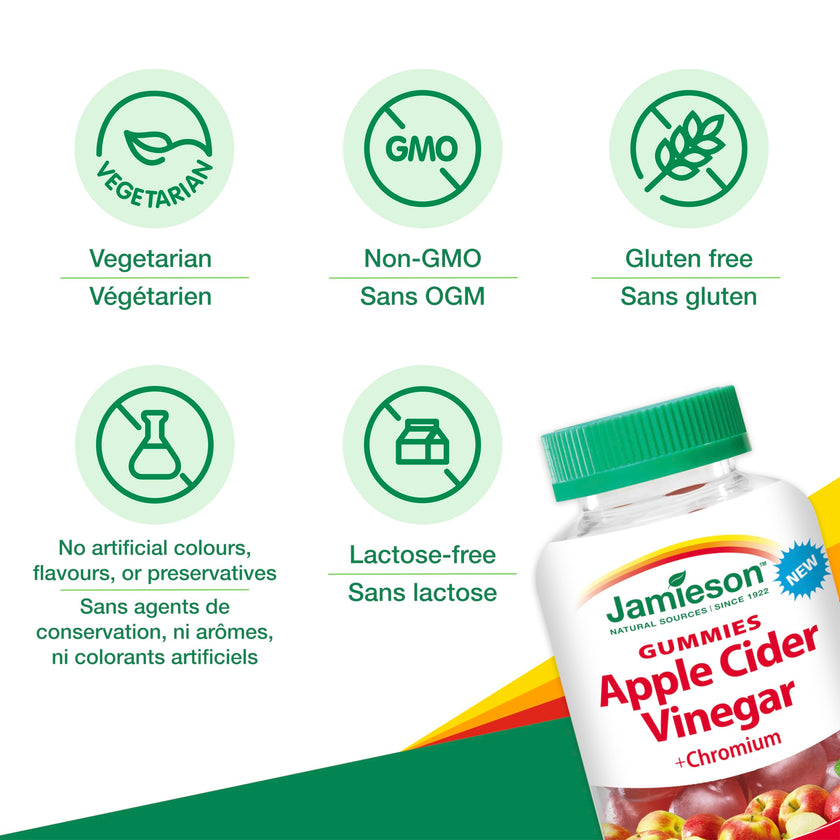 Jamieson Apple Cider Vinegar Gummy with Chromium, 60 Red Apple Flavoured Gummies. Helps Maintain Normal Blood Glucose Levels and Supports Metabolism. Vegetarian, No Artificial Colours or Flavours 🍁 All In One Marketplace Canada