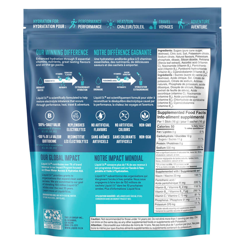 Liquid I.V. Hydration Multiplier Electrolyte Drink Mix - Enhanced Hydration Electrolyte Powder with Vitamins B3, B5, B6, B12 and C -18x On-the-go Sticks for Workout and Travel - Passion Fruit 🍁 All In One Marketplace Canada