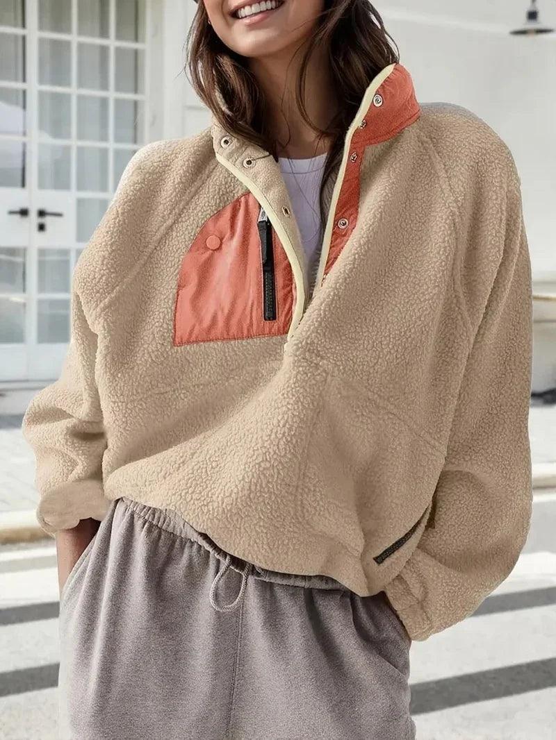 Women's Fashion Sweatshirt Fleece Stand Collar Zipper Pocket Top