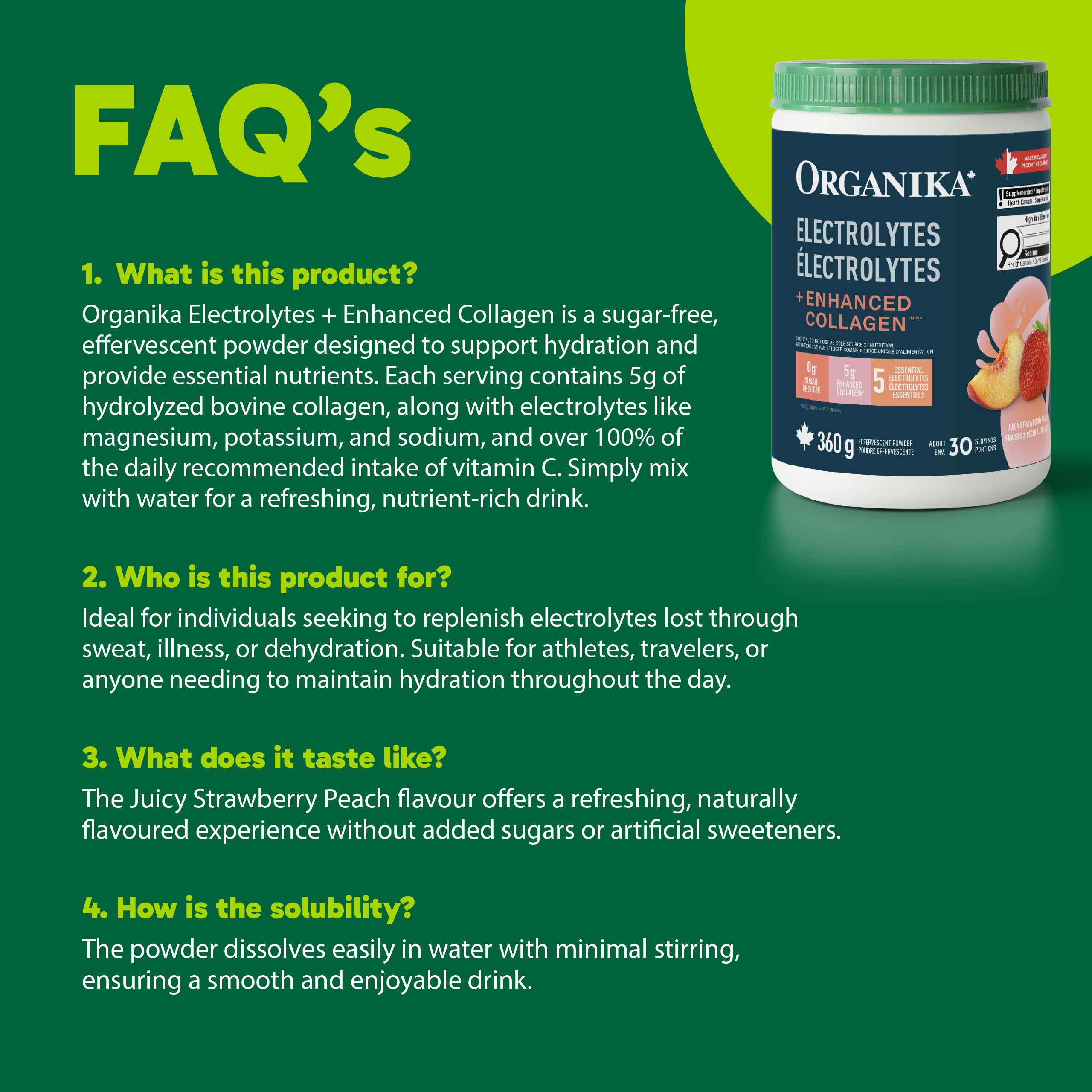 Organika Canadian-Made Electrolytes + Enhanced Collagen - Strawberry Peach Flavour - Sugar-Free Hydration | 5g Protein + 100% of Daily Vitamin C - 360g, 30 Servings 🍁 All In One Marketplace Canada