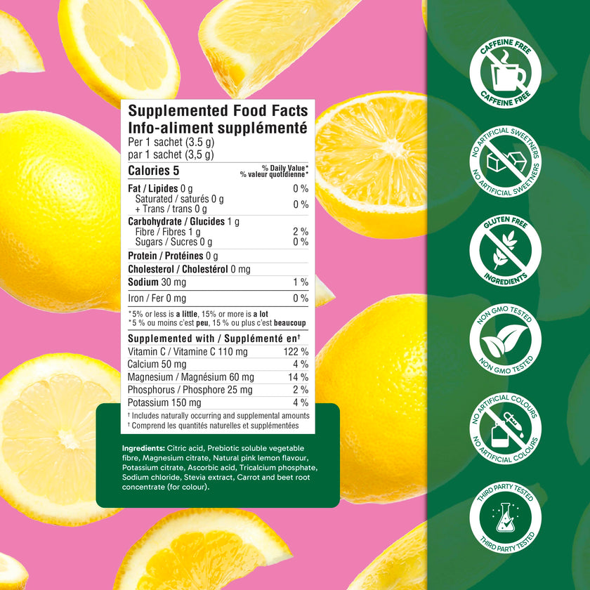 Organika Canadian-Made Electrolytes Powder with Vitamin C & Prebiotic Fibre - Sugar-Free Hydration Drink Mix - Pink Lemonade - 20 Single-Serve Sachets x 3.5g 🍁 All In One Marketplace Canada