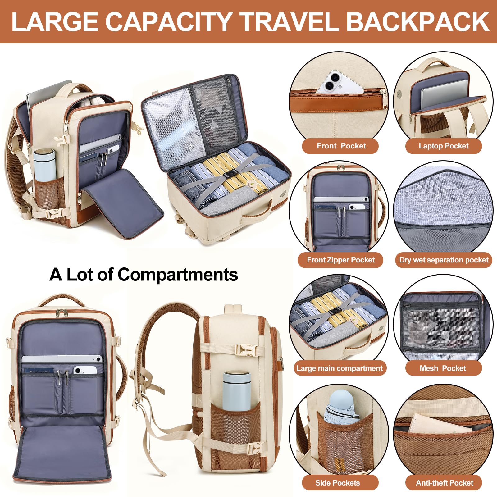 Travel Backpack for Women Flight Approved Carry On Travel Backpack with Shoe Pouch,TSA 15.6inch Laptop Sac à Dos Personal Item Bag for Weekender Overnight Bags Bookbag Travel Essentials,Beige 🍁 All In One Marketplace Canada