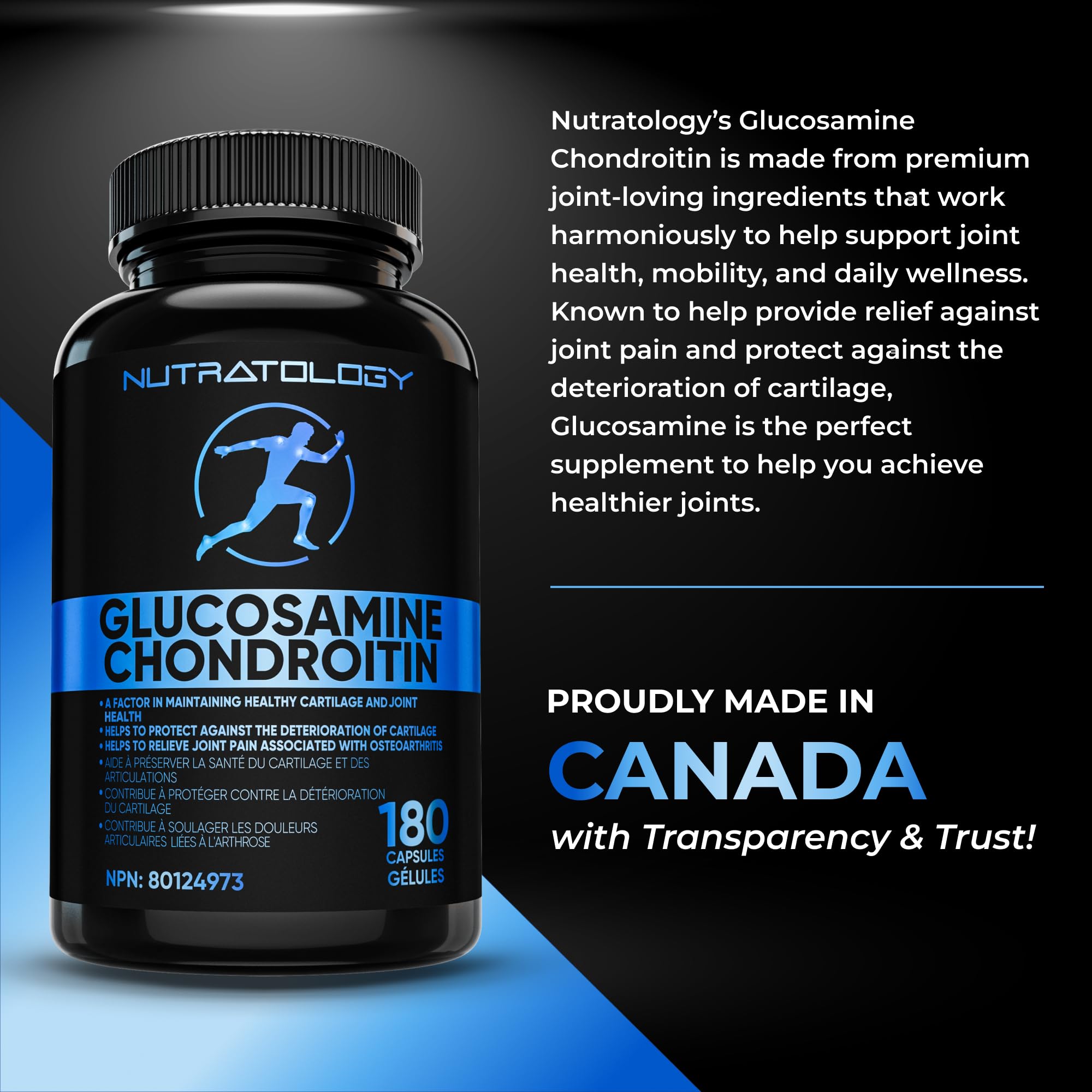 Nutratology® Glucosamine Joint Supplement with Chondroitin, MSM & Turmeric | Canadian-Made | Joint Pain Relief Supplements - 1500MG Glucosamine - Supports Healthy Joints & Cartilage - 180 Capsules 🍁 All In One Marketplace Canada