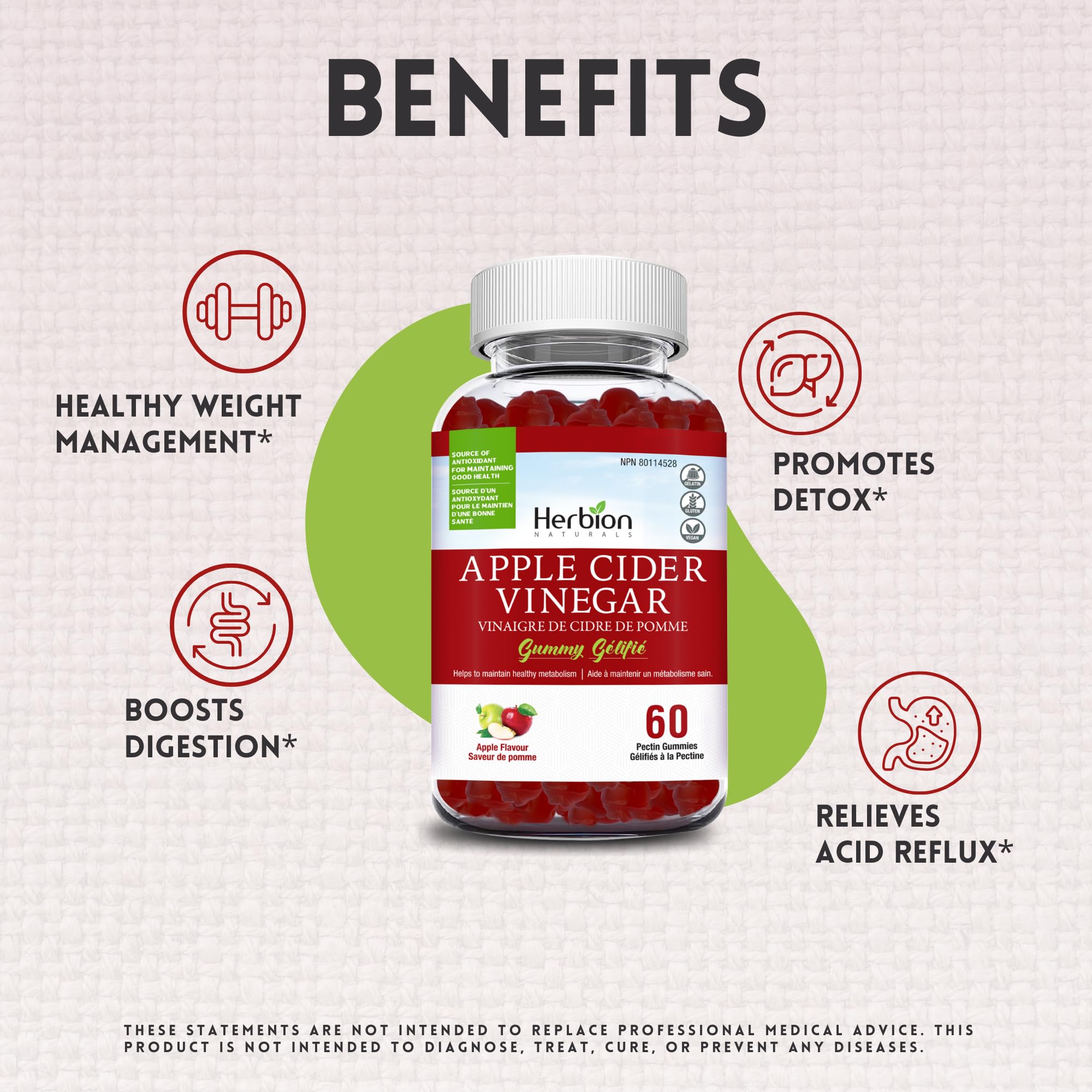 Herbion Naturals Apple Cider Vinegar Gummy with Folic Acid, Pomegranate, Beetroot & vitamin B12, source of Antioxidants to maintain Good Health & Metabolism, 60 Pectin Gummies for Adults, Apple Flavour 🍁 All In One Marketplace Canada