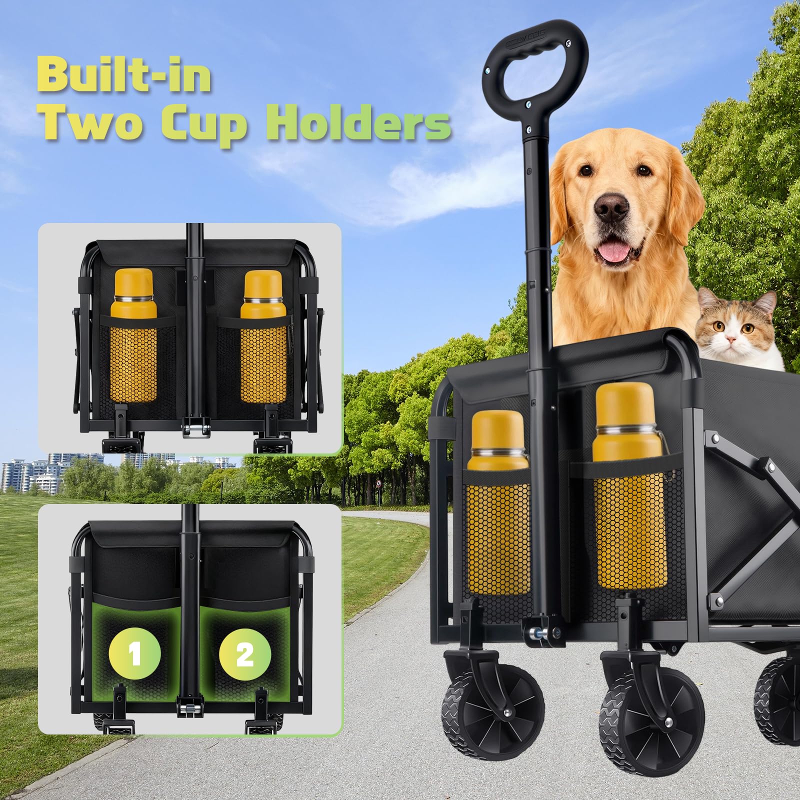 100KG Collapsible Foldable Wagon Carts - Heavy Duty Portable Folding Utility Wagons with All-Terrain Wheels for Grocery Sports Shopping Camping Garden Beach, 2 Drink Holders/Lightweight/Black 🍁 All In One Marketplace Canada
