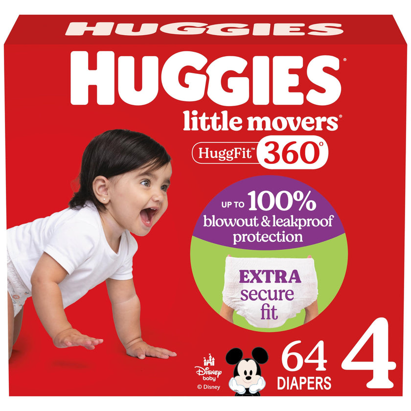 Huggies Size 4 Baby Diapers, Little Movers HuggFit 360° Baby Diapers with 360° Waistband, Size 4 (22-37 lbs), 64 Count, Packaging May Vary 🍁 All In One Marketplace Canada