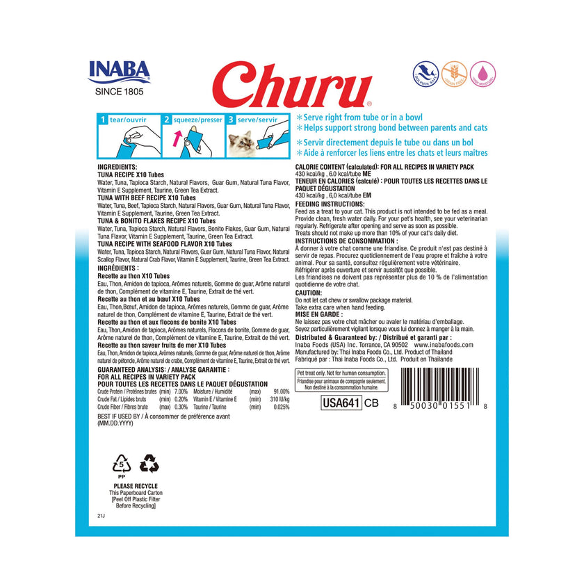 INABA Churu Cat Treats, Lickable, Squeezable Creamy Purée Cat Treat with Green Tea Extract & Taurine, 14 Grams Each Tube, 40 Tubes, Tuna Variety Box 🍁 All In One Marketplace Canada