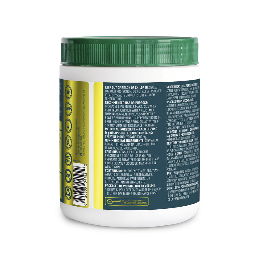 Organika Canadian-Made Creatine Powder- Fruit Punch- Pure Micronized Creatine Monohydrate - Helps Build Lean Muscle, Increase Strength, and Improved Recovery and Performance for Men and Women - 600g 🍁 All In One Marketplace Canada