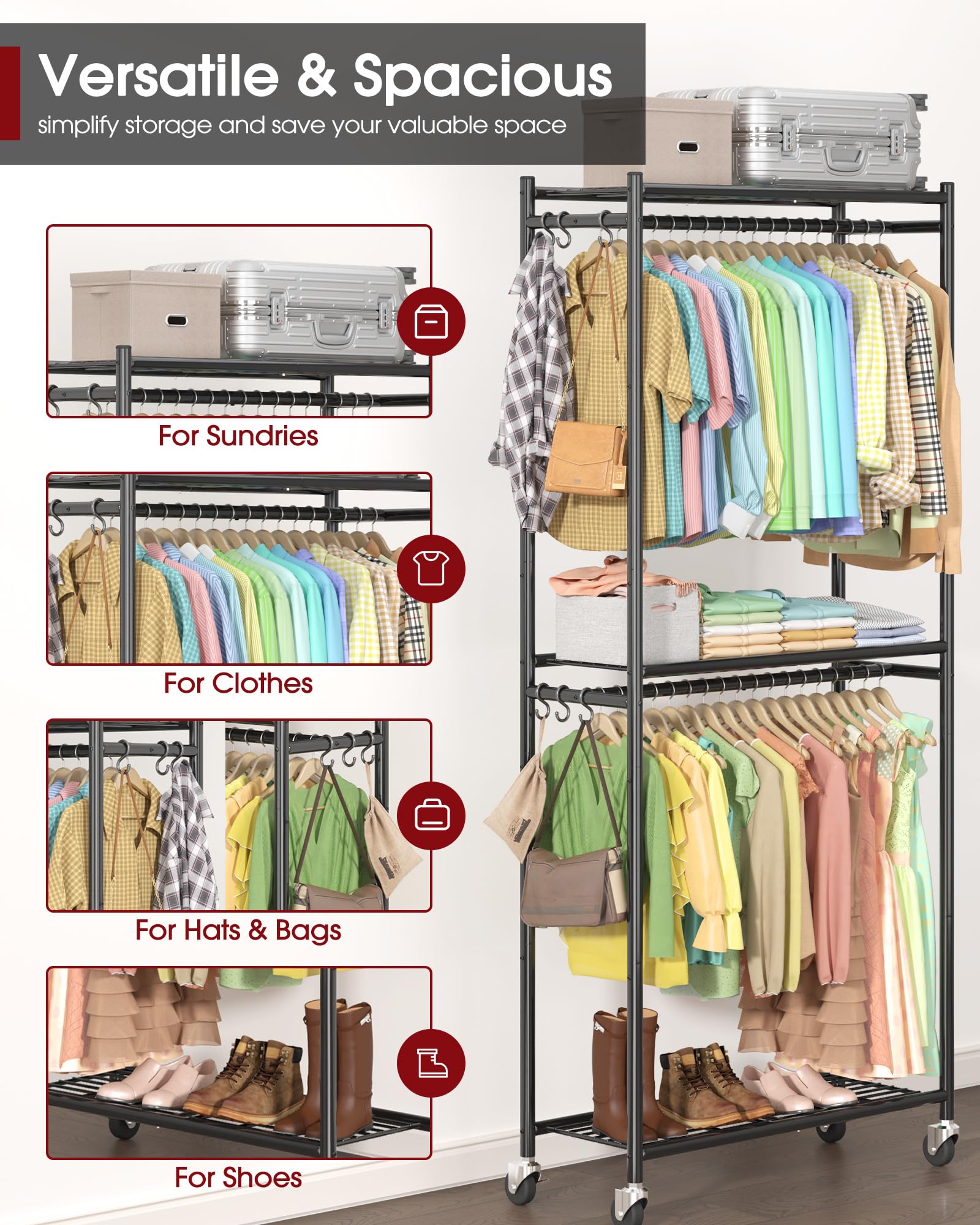 Sakugi Clothing Rack - Coat Rack with Shelves & Wheels, Multi-Functional Clothes Rack with Hooks, Sturdy Metal Garment Shelf for Bedroom, Laundry, Balcony, 84W × 31D × 202H cm, Black 🍁 All In One Marketplace Canada
