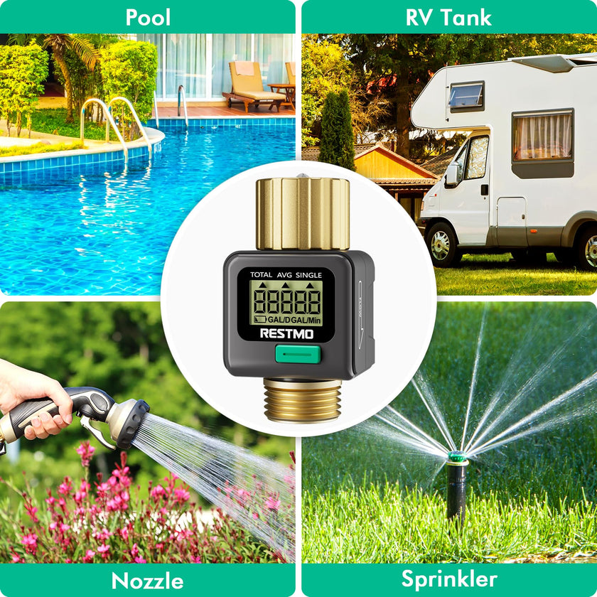 RESTMO Water Flow Meter, Pure Brass Inlet & Outlet | 4 Measure Modes | Display Gallon/Liter Usage and Flow Rate | Ideal to Outdoor Garden Hose, Lawn Sprinkler Watering, RV Water Tank Filling 🍁 All In One Marketplace Canada