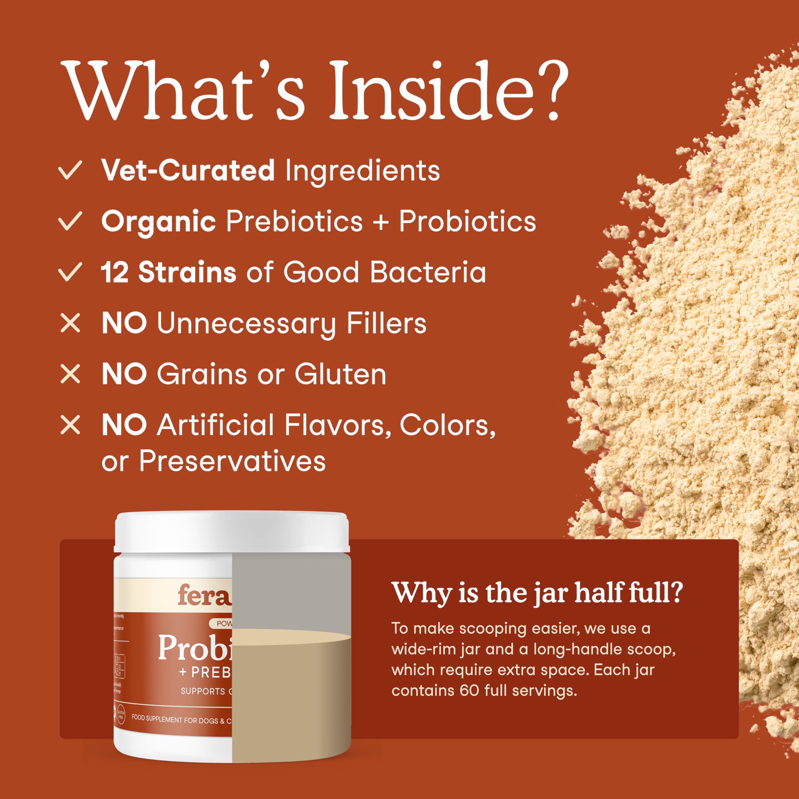 Fera Pets Probiotics for Dogs & Cats with Prebiotics - USDA Organic - Gut Health Powder Supplement with 12 Strains and 5 Billion CFUs - Supports Immunity, Energy and Skin & Coat - 60 Scoops 🍁 All In One Marketplace Canada
