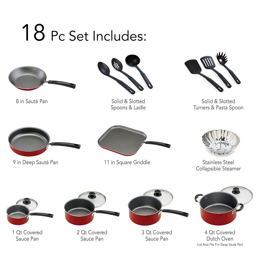 Tramontina PrimaWare 18 Pc Aluminum Nonstick Cookware Set, Red 🍁 All In One Marketplace Canada