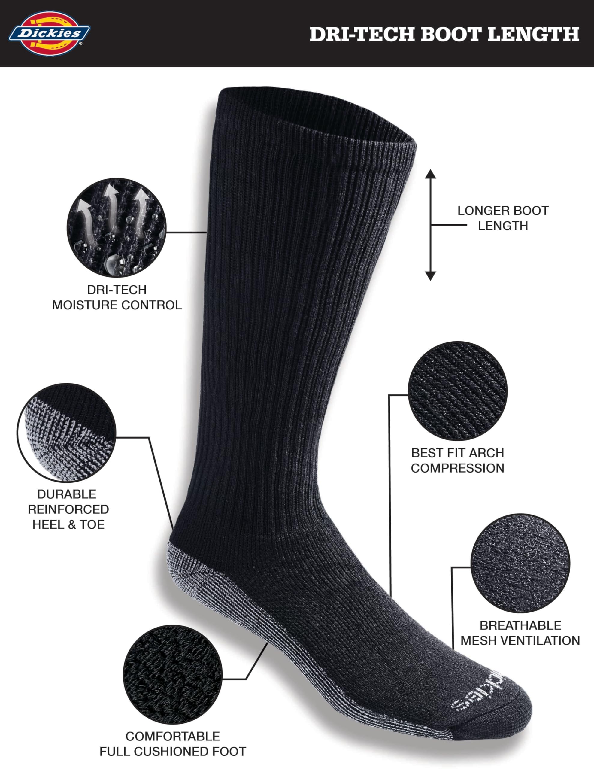 Dickies Men's Multi-Pack Dri-tech Moisture Control Boot-Length Socks, Black (6 Pairs), Shoe Size: 6-12 🍁 All In One Marketplace Canada