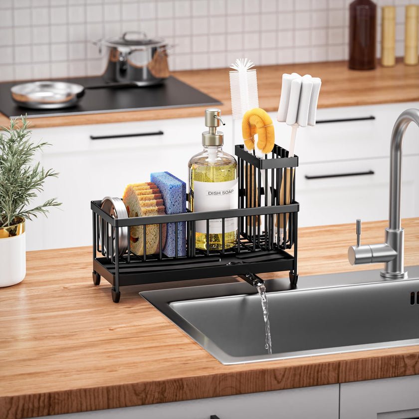 Cisily Sponge Holder for Kitchen Sink, Sink Caddy with High Brush Holder, Organzier Rustproof 304 Stainless Steel Dish Organizer Divider, Soap Dispenser Storage (Black) 🍁 All In One Marketplace Canada