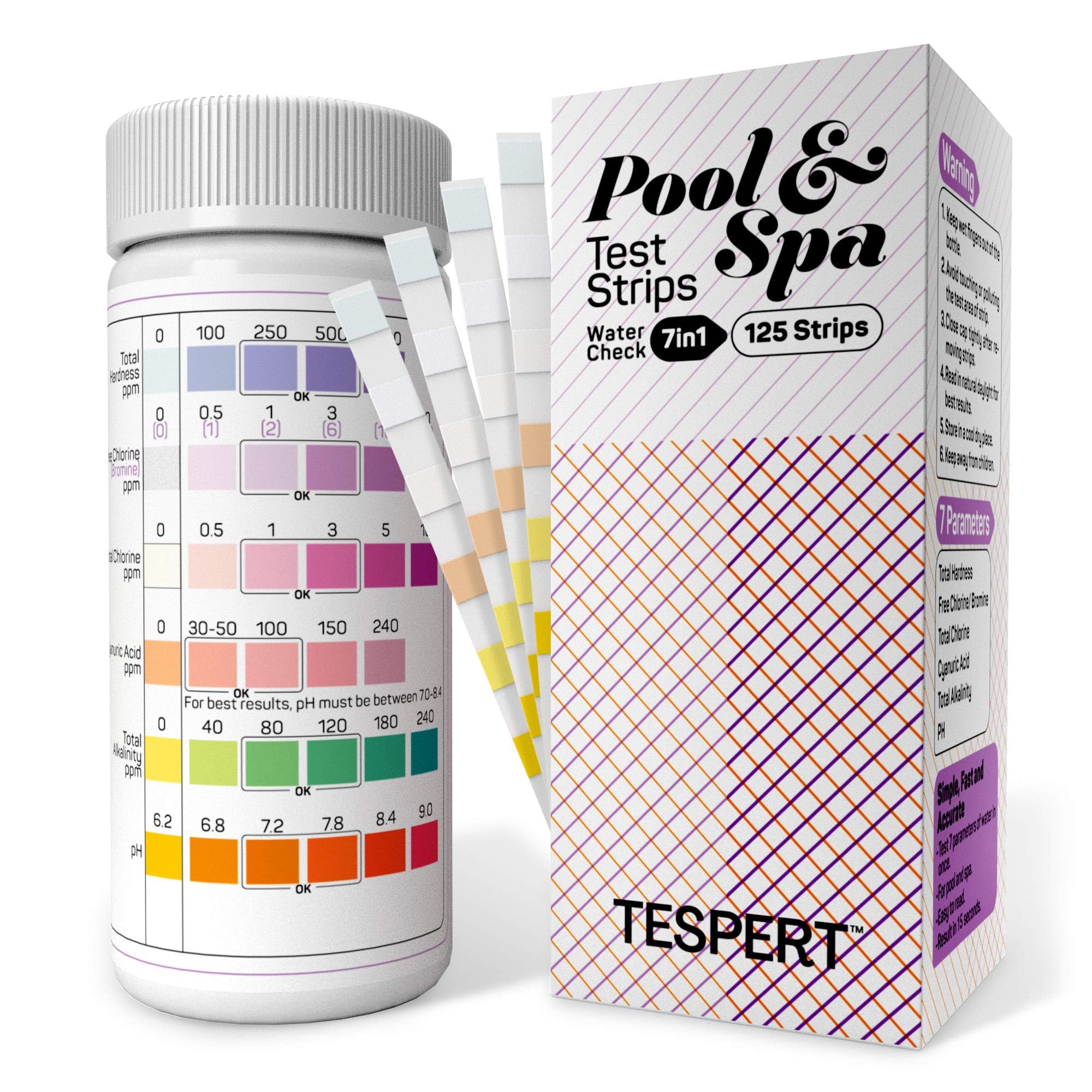 TESPERT Pool and Spa Test Strips Hot Tub Test Strips 7-in-1 125 Strips Pack, Chemistry Test Kit for Test Bromine, Total Alkalinity, pH, Free Chlorine, Total Hardness, Cyanuric Acid, and Total Chlorine 🍁 All In One Marketplace Canada