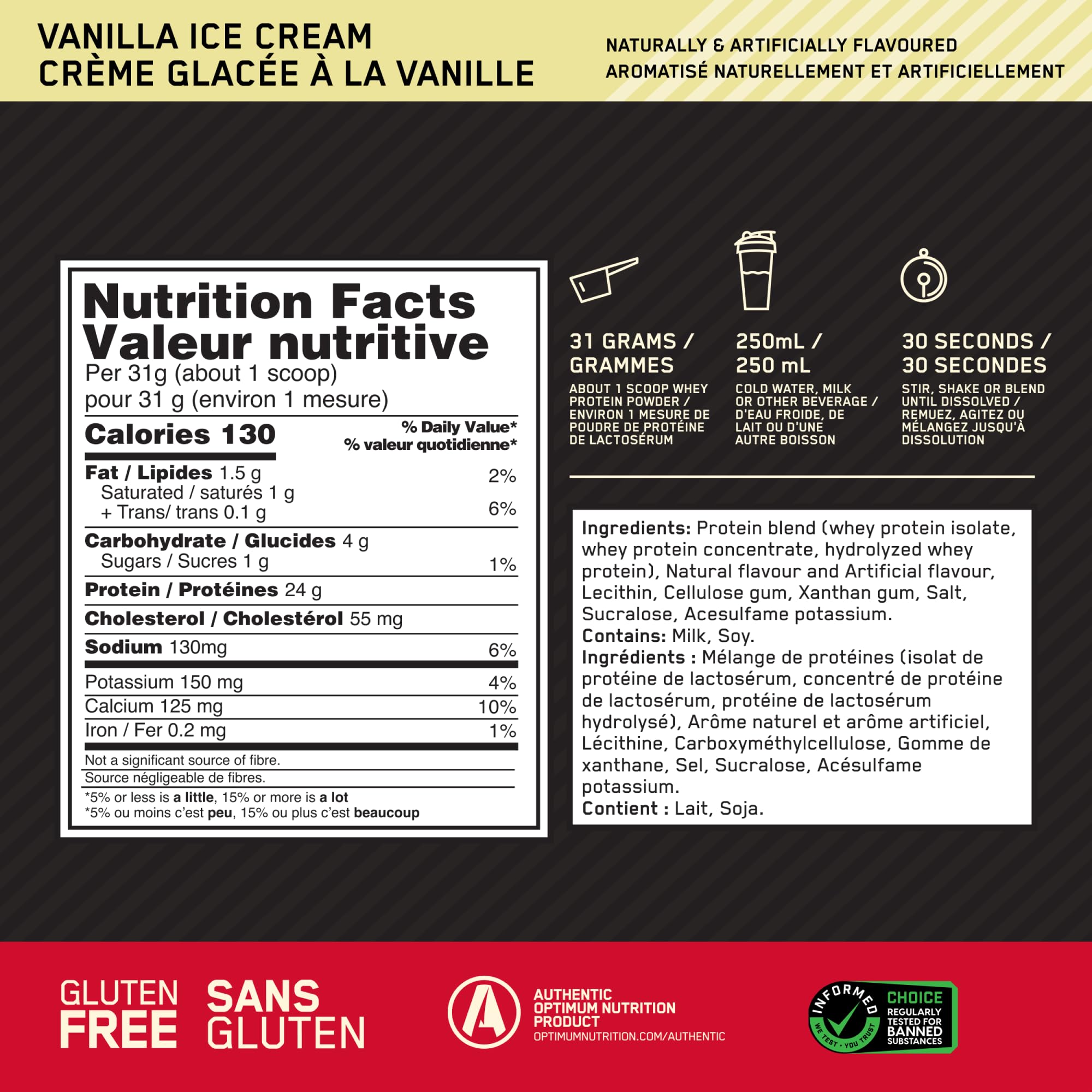 Optimum Nutrition Gold Standard 100% Whey Protein Powder, 670g - Vanilla Ice Cream - 22 servings (packaging may vary) 🍁 All In One Marketplace Canada