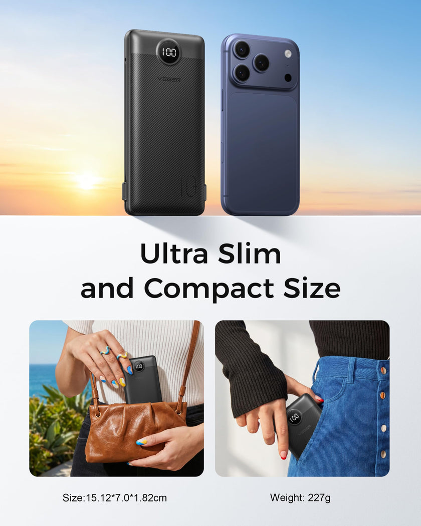 VEGER Portable Charger for iPhone Built in Cables and Wall Plug, 10000mah Slim Fast Charging USB C Power Bank, Travel Essential Battery Pack Compatible with iPhones, iPad, Samsung More Devices(Black) 🍁 All In One Marketplace Canada
