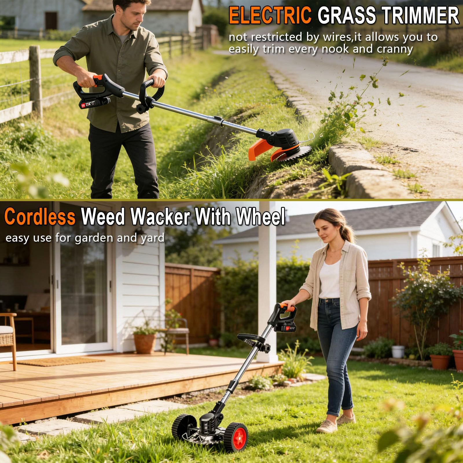 21V Cordless Weed Wacker for Thick Weeds, Lawn & Yard, 3-in-1 String Trimmer/Edger/Brush Cutter with 2 Batteries, 4 Blades & Wheels, 90° Pivot Head, Adjustable Height, Lightweight Easy for Homeowners 🍁 All In One Marketplace Canada