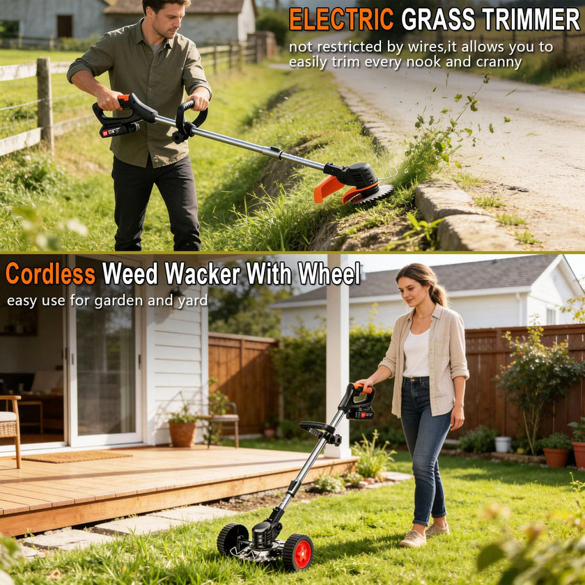 21V Cordless Weed Wacker for Thick Weeds, Lawn & Yard, 3-in-1 String Trimmer/Edger/Brush Cutter with 2 Batteries, 4 Blades & Wheels, 90° Pivot Head, Adjustable Height, Lightweight Easy for Homeowners 🍁 All In One Marketplace Canada