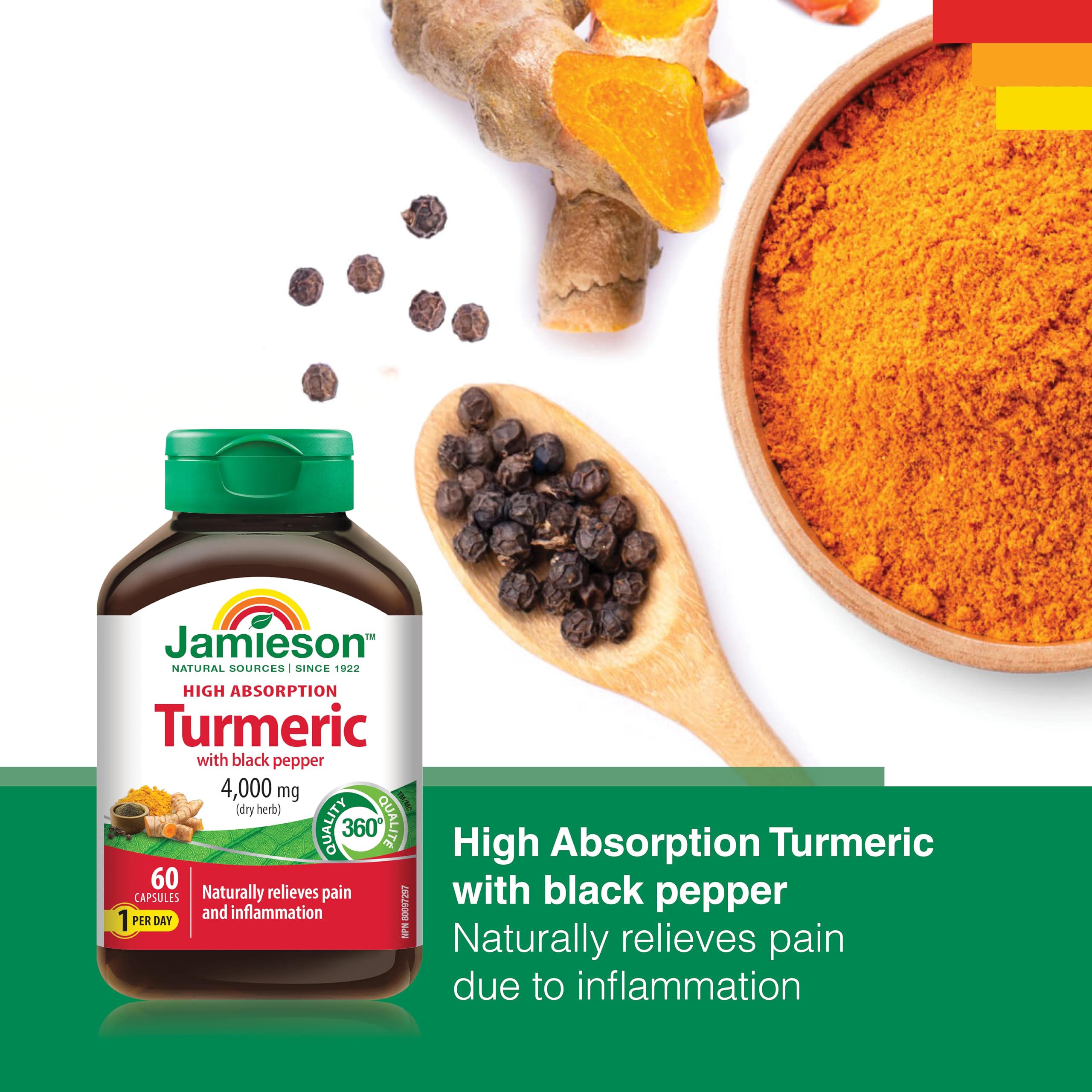 Jamieson Turmeric 4,000 mg, with Black Pepper, 60 Vegetarian Capsules, Natural Joint Pain Relief, Supports Inflammation, Helps with Digestion. High Absorption, Non-GMO, Proudly Canadian 🍁 All In One Marketplace Canada