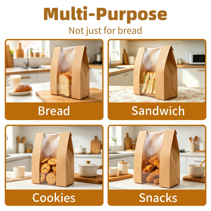 Homrelaxy 60Pcs Paper Bread Bags for Homemade Bread, Sourdough Bag with Window, 13.7 x 8.3 x 3.5 Inch Large Brown Kraft Bakery Bags for Storing Loaves & Snacks, Includes 70 Sealing Stickers 🍁 All In One Marketplace Canada
