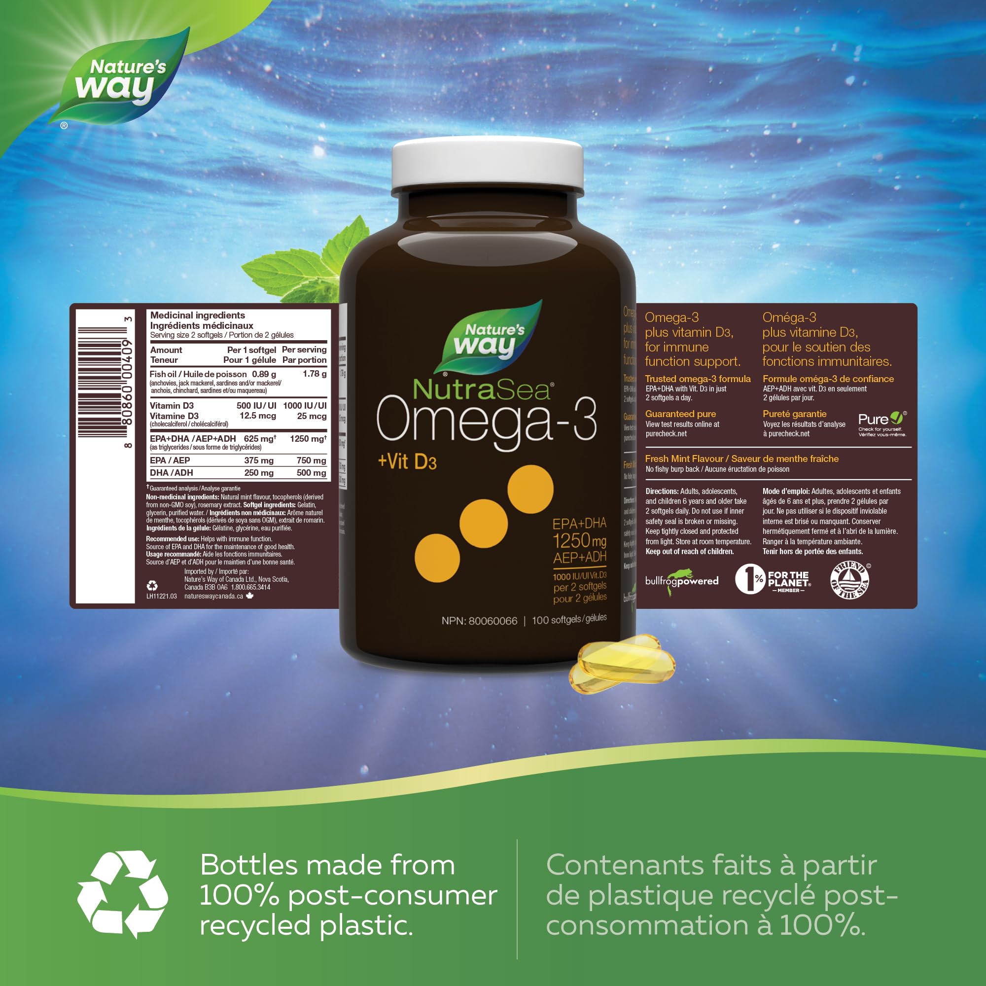 Nature's Way NutraSea Omega-3 and Vitamin D Soft Gels - Fish Oil Supplement with EPA and DHA – Helps Support the Maintenance of Good Health – Mint Flavour, 100 Softgels 🍁 All In One Marketplace Canada