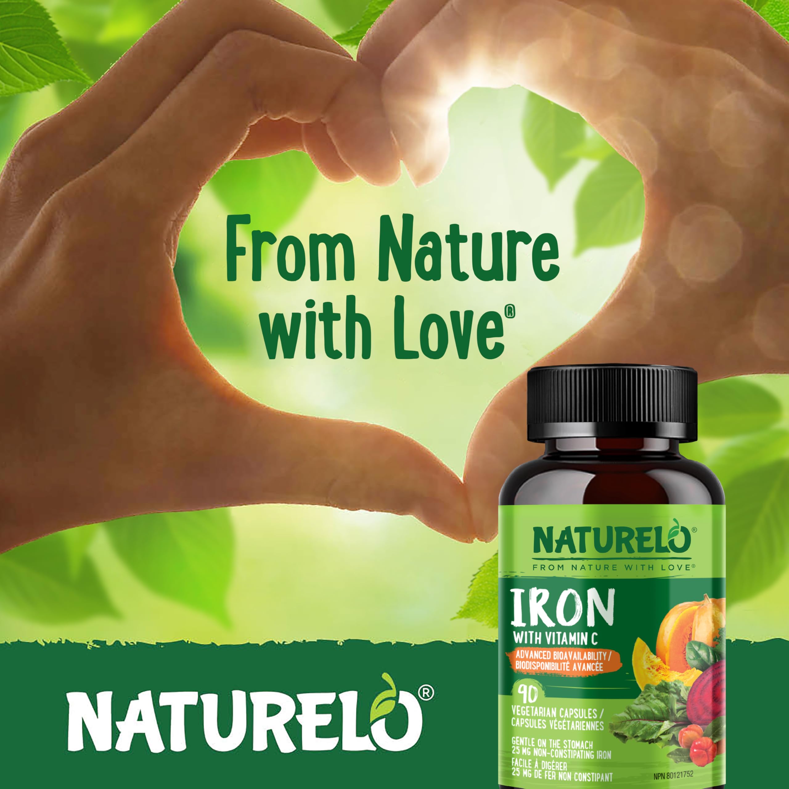 NATURELO Vegan Iron Supplement with Vitamin C and Organic Whole Foods, 90 Capsules, Gentle Iron Capsules for Women & Men with this Mineral Deficiency - Including Pregnancy, Anemia and Vegan Diets 🍁 All In One Marketplace Canada