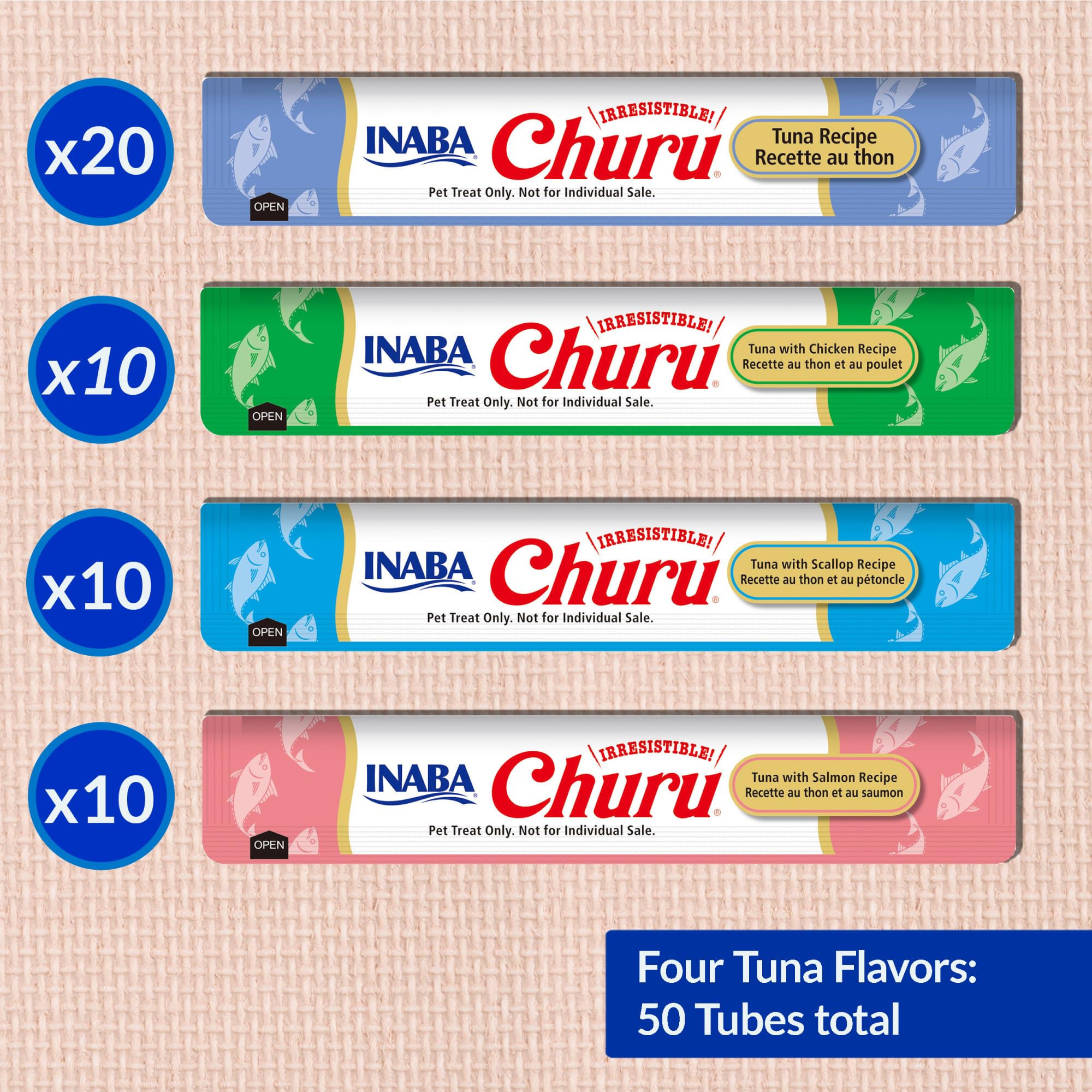 INABA Churu Cat Treats, Grain-Free, Lickable, Squeezable Creamy Purée Cat Treat/Topper with Vitamin E & Taurine, 0.5 Ounces Each Tube - 50 Tubes (Pack of 1) Tuna Variety 🍁 All In One Marketplace Canada