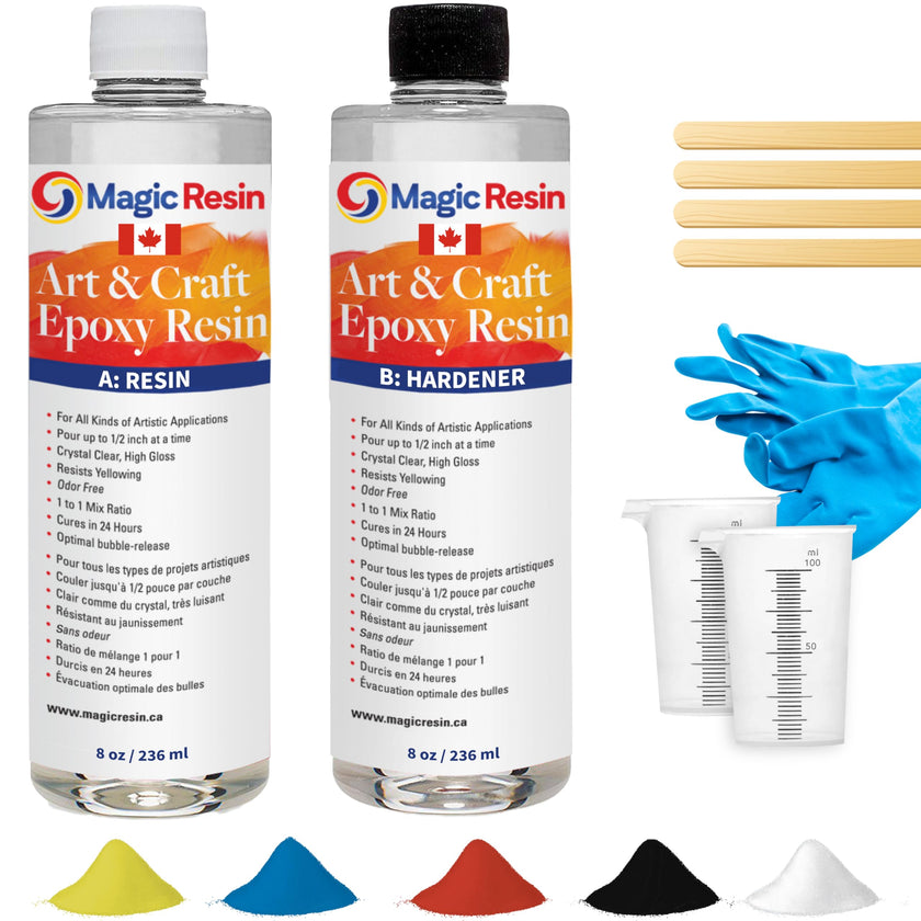Epoxy Resin Kit for Art & Craft | 16oz (473ml) | UV Resistant | Clear Epoxy Resin | Jewelry, Earrings, Coasters, Casting, Molding, Crafting & more | Includes 2 pairs of gloves, 2 cups, 4 sticks & mica 🍁 All In One Marketplace Canada