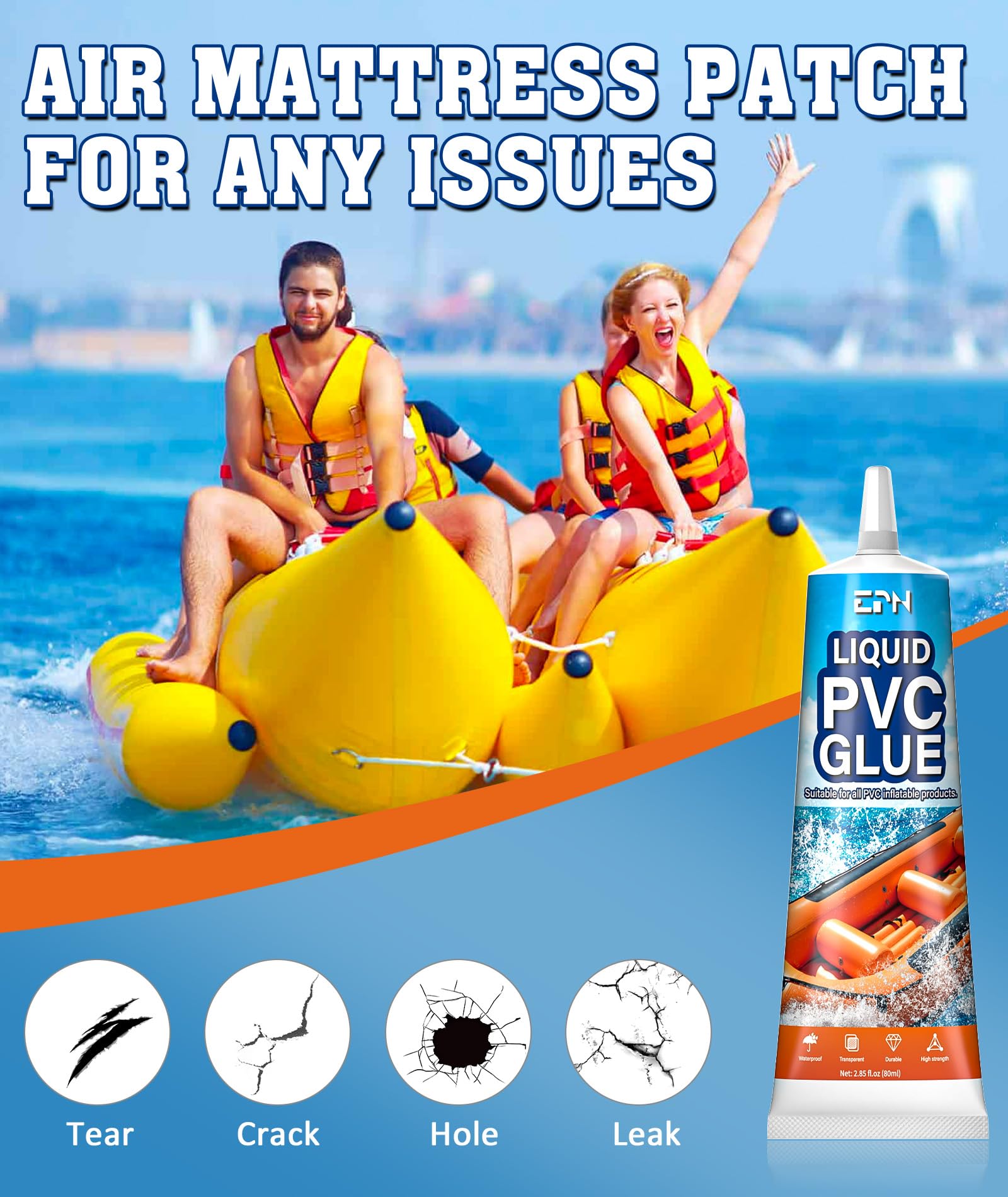 EPN Air Mattress Patch Kit, Waterproof Vinyl Pool Liner Repair Kit for Inflatables, Air Mattress, Swimming Ring, Tent, Bounce House, Inflatable Toys, Hot Tub, PVC Boat, Raft, Kayak (80ml*1) 🍁 All In One Marketplace Canada