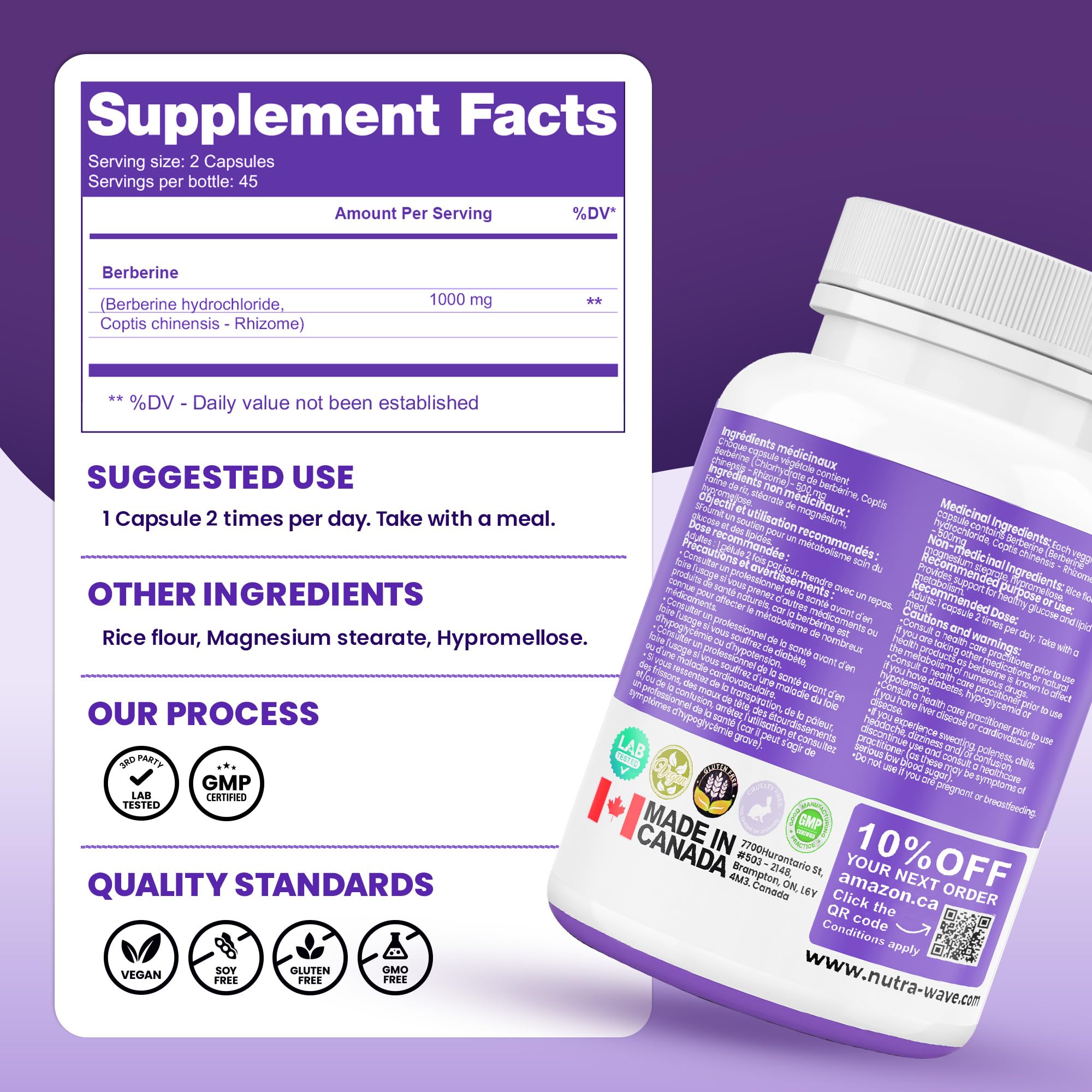 Nutrawave Pure Berberine Maximum Potency, 1000mg per Serving(Each Capsule 500mg), Supports Blood Sugar Levels, Healthy Lipid(Fat) & Glucose Metabolism, Non-GMO, Vegan, Gluten Free, 90 Capsules, 1 Pack 🍁 All In One Marketplace Canada