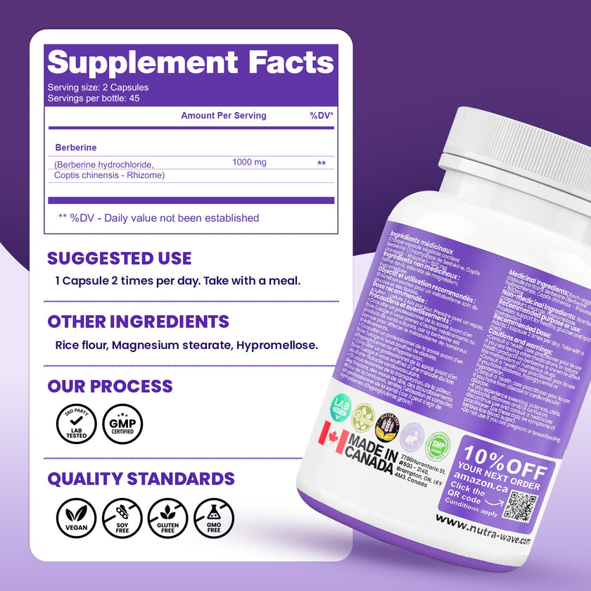 Nutrawave Pure Berberine Maximum Potency, 1000mg per Serving(Each Capsule 500mg), Supports Blood Sugar Levels, Healthy Lipid(Fat) & Glucose Metabolism, Non-GMO, Vegan, Gluten Free, 90 Capsules, 1 Pack 🍁 All In One Marketplace Canada