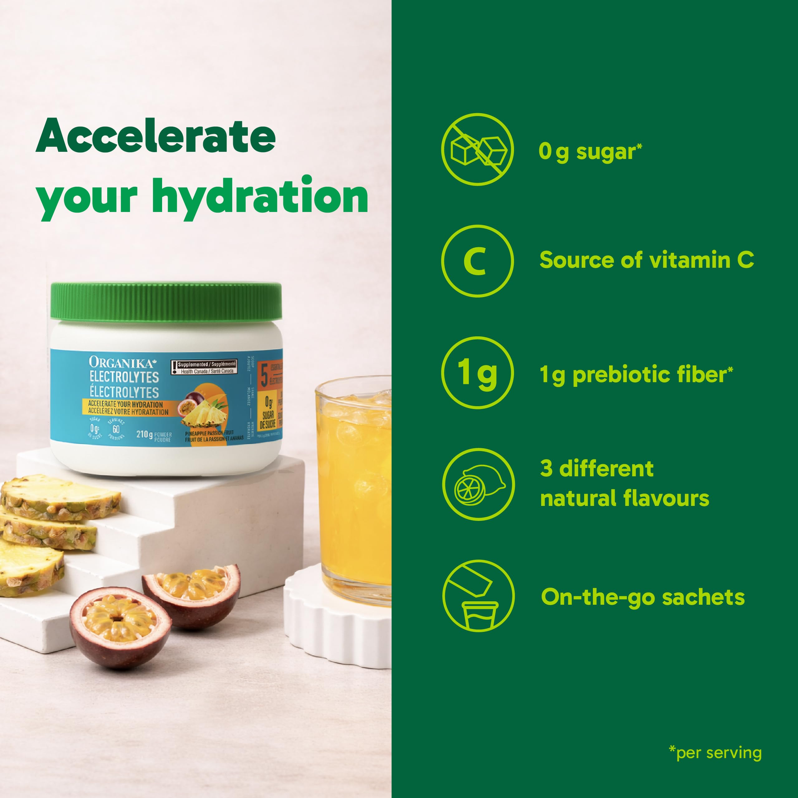 Organika Canadian-Made Electrolytes Powder with Vitamin C & Prebiotic Fibre - Sugar-Free Hydration Drink Mix - Pineapple PassionFruit - 210 g - 60 servings 🍁 All In One Marketplace Canada