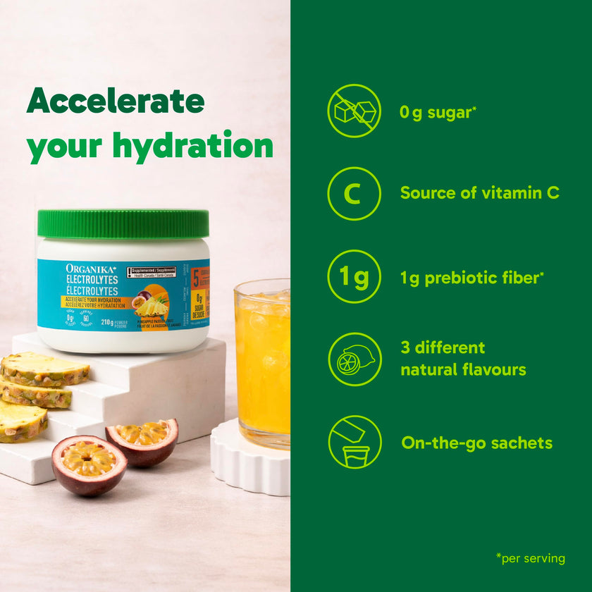 Organika Canadian-Made Electrolytes Powder with Vitamin C & Prebiotic Fibre - Sugar-Free Hydration Drink Mix - Pineapple PassionFruit - 210 g - 60 servings 🍁 All In One Marketplace Canada