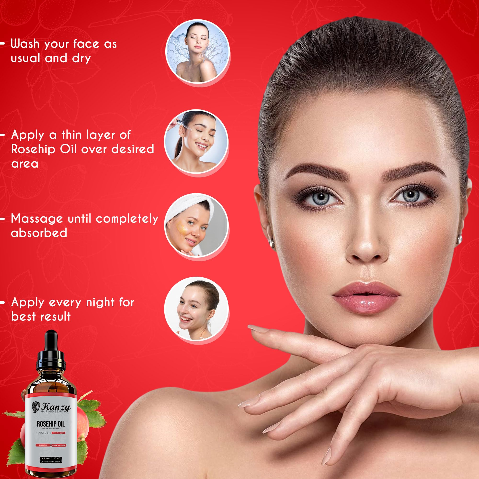 Kanzy Rosehip Oil for Face 120ml - Cold-Pressed Rosehip Oil for Skin, Hair, Nails & Body | Vegan & Cruelty-Free Moisturizing Oil for Daily Use 🍁 All In One Marketplace Canada