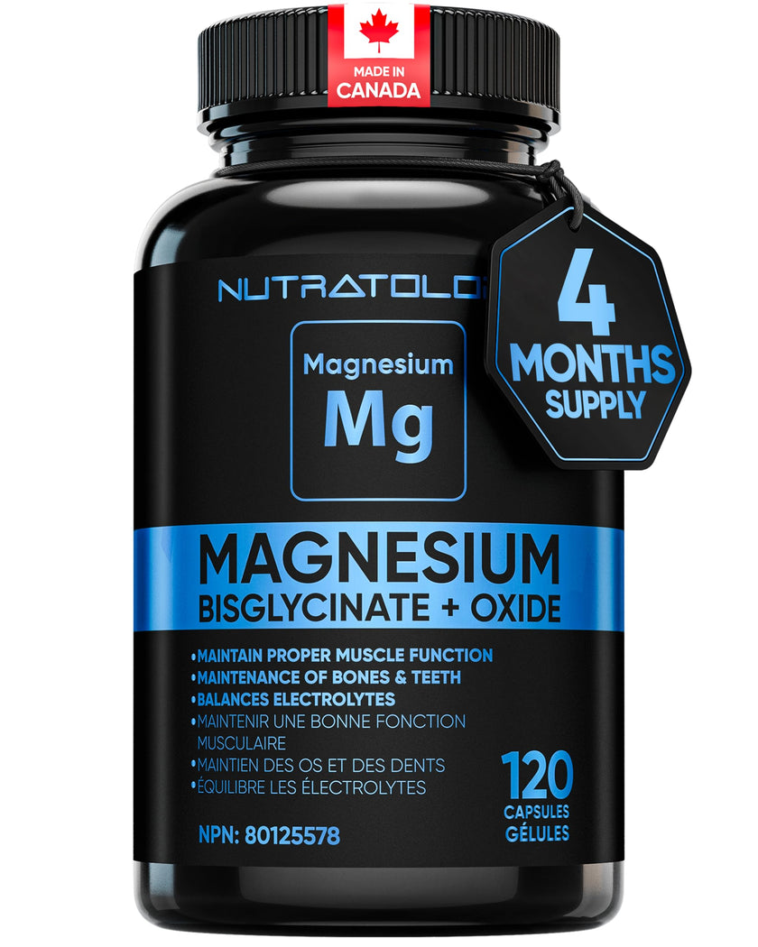 Nutratology® Magnesium Bisglycinate + Oxide | Canadian-Made | Relaxes Muscles, Improves Sleep Quality, Maintains Proper Muscle Functions & Enhances Bone Density | 250MG Per Capsule | 120 Capsules 🍁 All In One Marketplace Canada