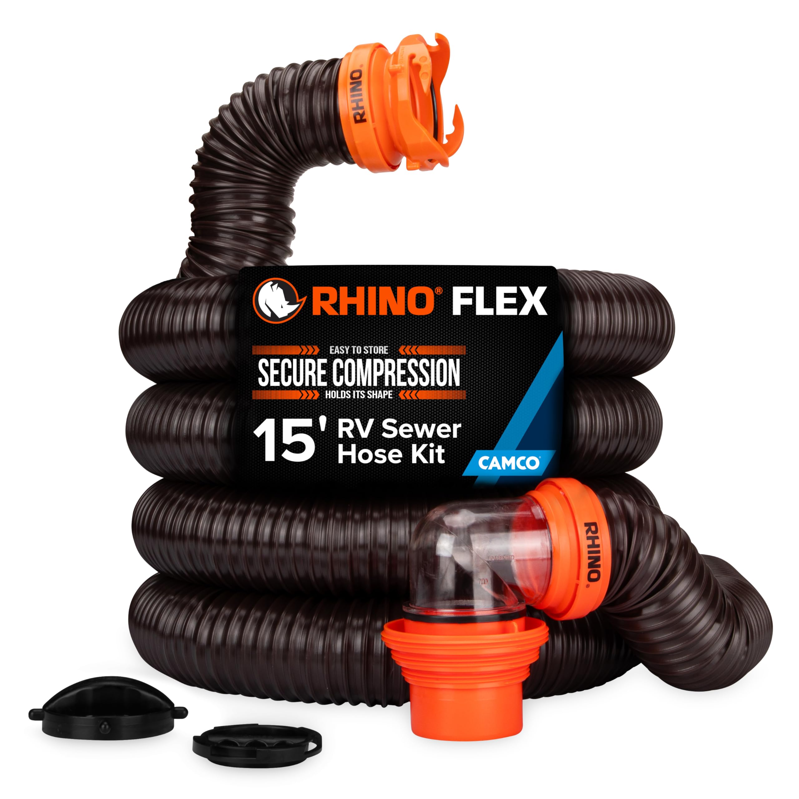 Camco RhinoFLEX 15' Camper/RV Sewer Hose Kit — Includes 4-in-1 Adapter, Clear Elbow, & Caps — Connects to 3″ Slip & 3″, 3 1/2″, 4″ NPT Threaded Sewer Connections (39770) 🍁 All In One Marketplace Canada