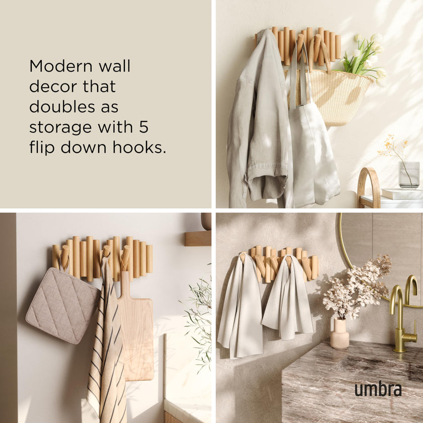 Umbra Picket Coat Rack Wall Mount – 5 Flip-Down Wood Coat Hooks, Modern & Functional Storage, Easy Install Wall Hooks, Natural 🍁 All In One Marketplace Canada