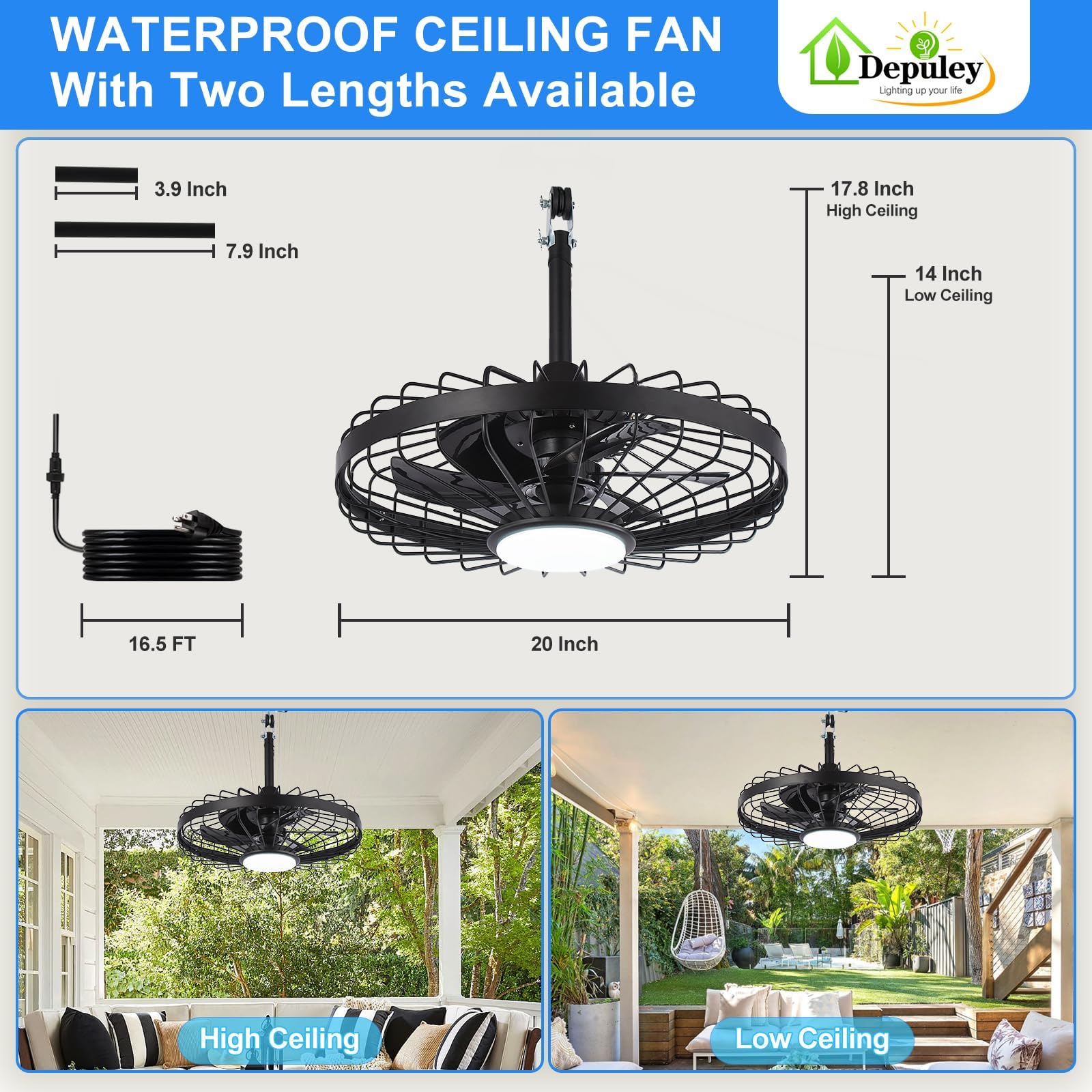 Depuley Outdoor Ceiling Fan with Light: 20 Inch Waterproof Gazebo Fans with Lights Outdoor Hanging - Plug in Remote App Control Caged Fans for Patios Pergola Porch Canopy - 6 Speed Black 🍁 All In One Marketplace Canada