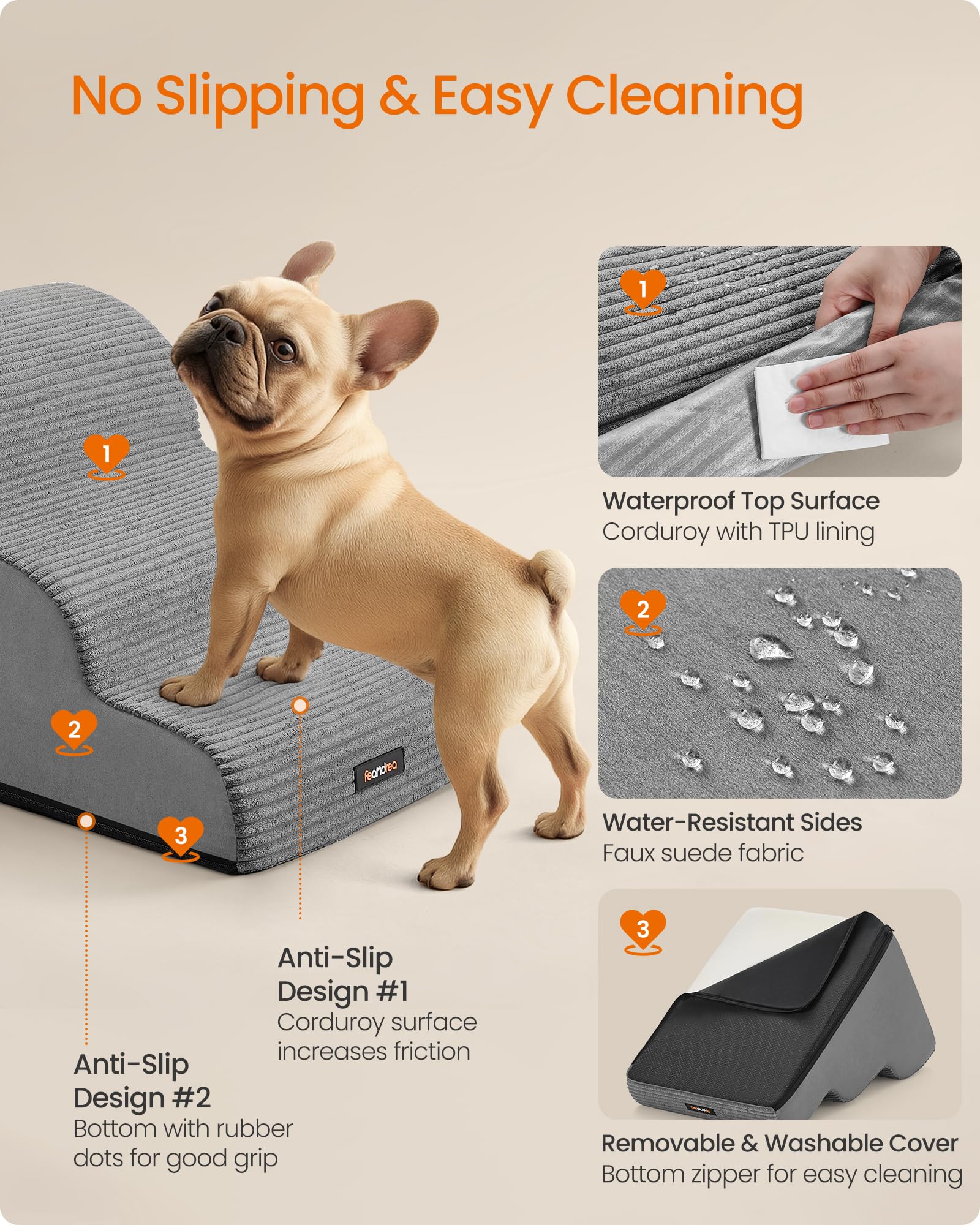 Feandrea 3-Step Dog Stairs, Dog Steps for Bed, Sofa, Waterproof Pet Stairs with Anti-Slip Designs, Gentle Slope, Removable Washable Cover, Handle, Dove Grey UPPS003G01 🍁 All In One Marketplace Canada