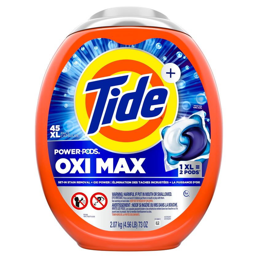 Tide Oxi Max Power PODS Laundry Detergent Pods, Stain Remover Plus Oxi Power, Detergent soap pacs for laundry washing, HE compatible, 45 Count 🍁 All In One Marketplace Canada